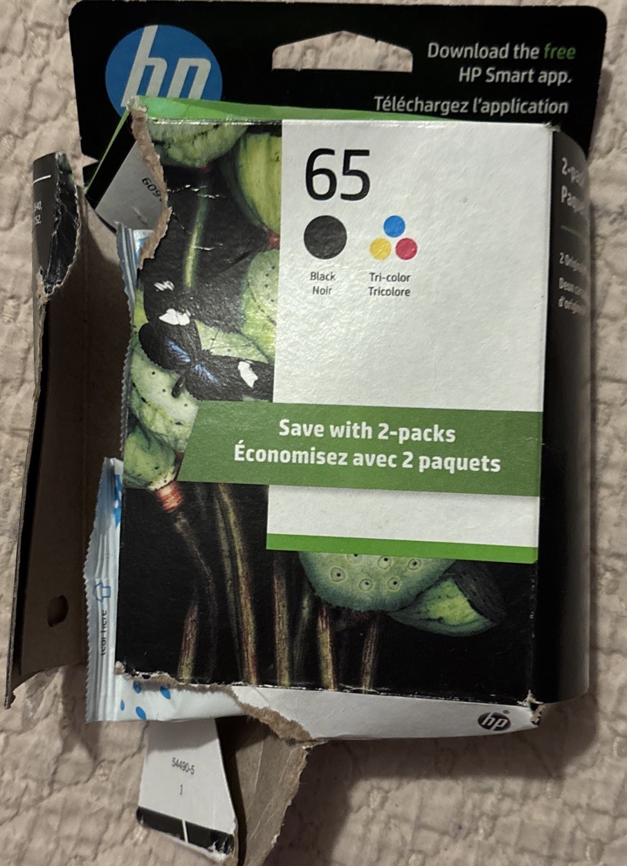HP 65 Black & 65 Tri-color Ink Cartridges. 10/2026 – Damaged Box
