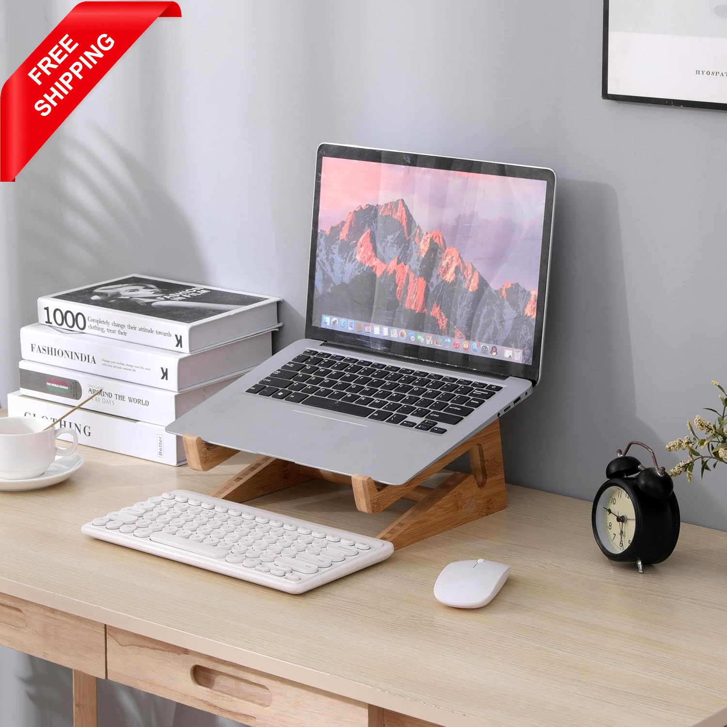 Wooden Vertical Laptop Stand for Desk, Bamboo Laptop Holder Compatible with Macb
