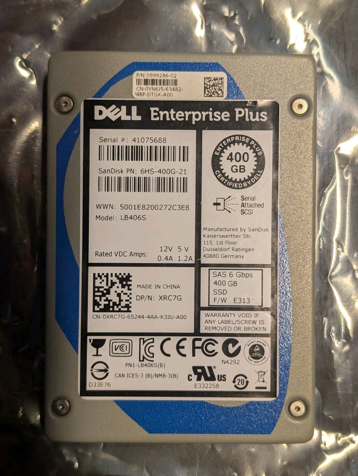 Dell Enterprise Plus XRC7G Sandisk 400GB SAS 2.5″ SSD LB406S 100% Helath