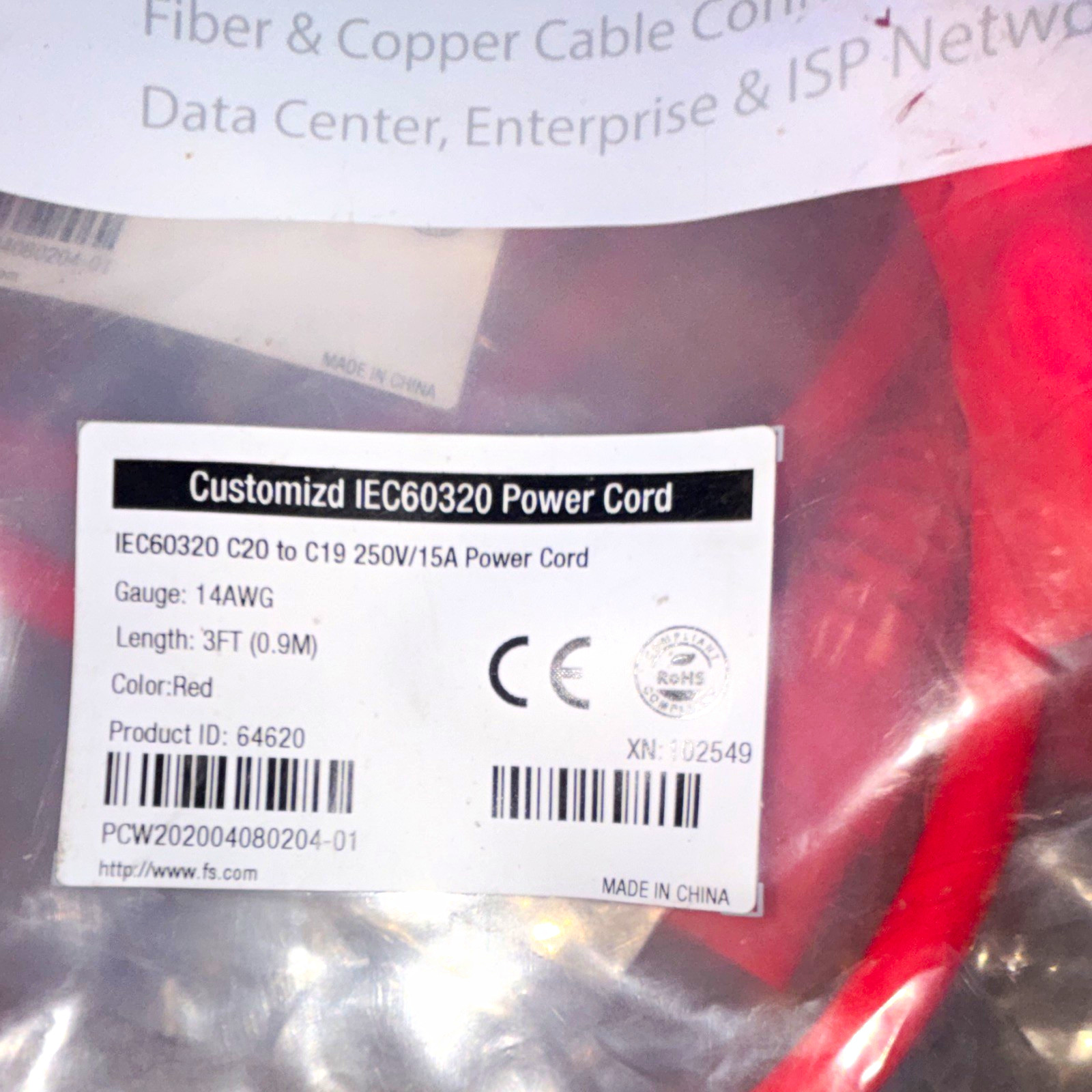 (18) x FS.com Red 3ft Power Cord IEC60320 C20 to C19 14AWG 15A/250V RoHS