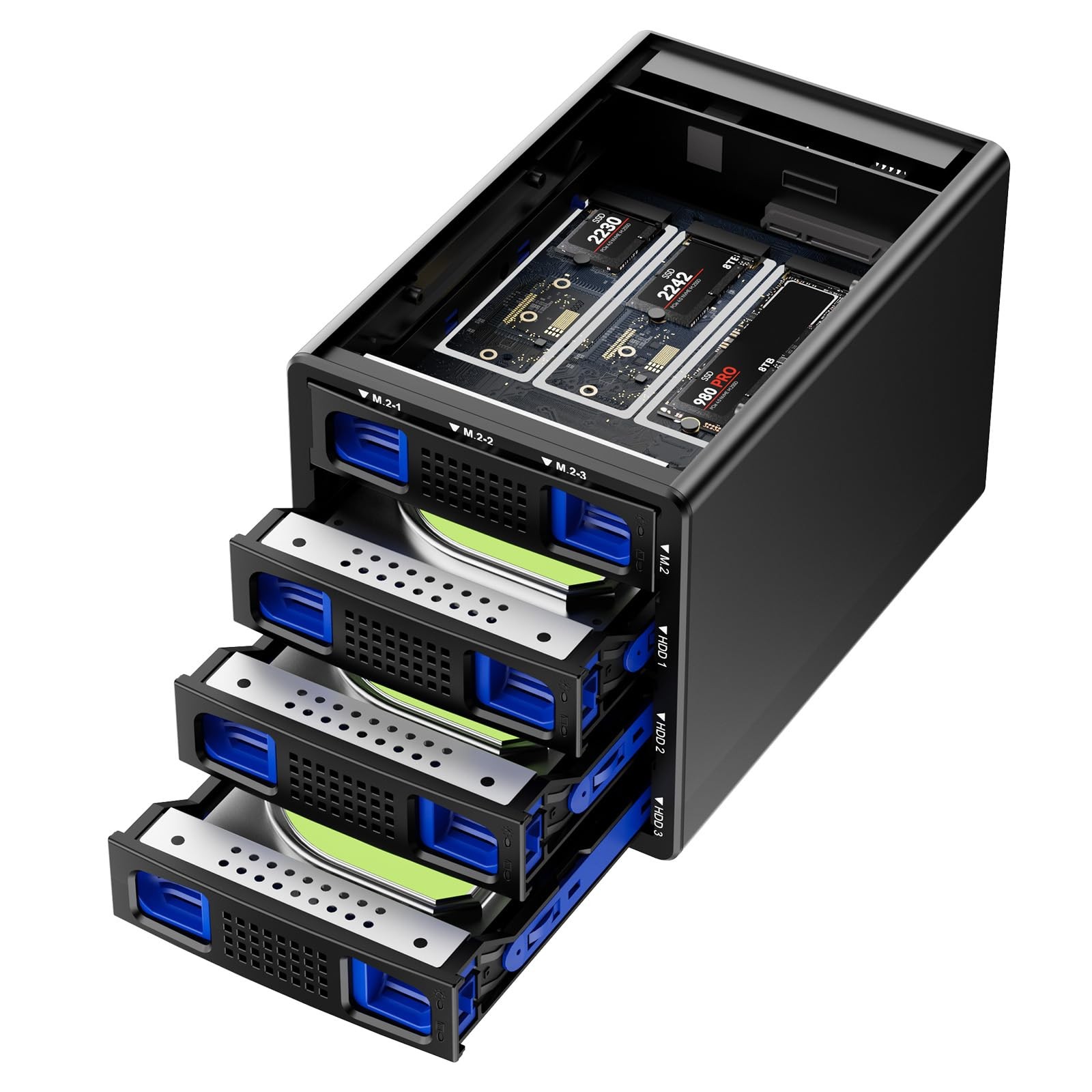 CENMATE Hybrid 3*2.5/3.5″ SATA HDD/SSD+3* M / B+M Key M.2 NVMe 6 bay, Black