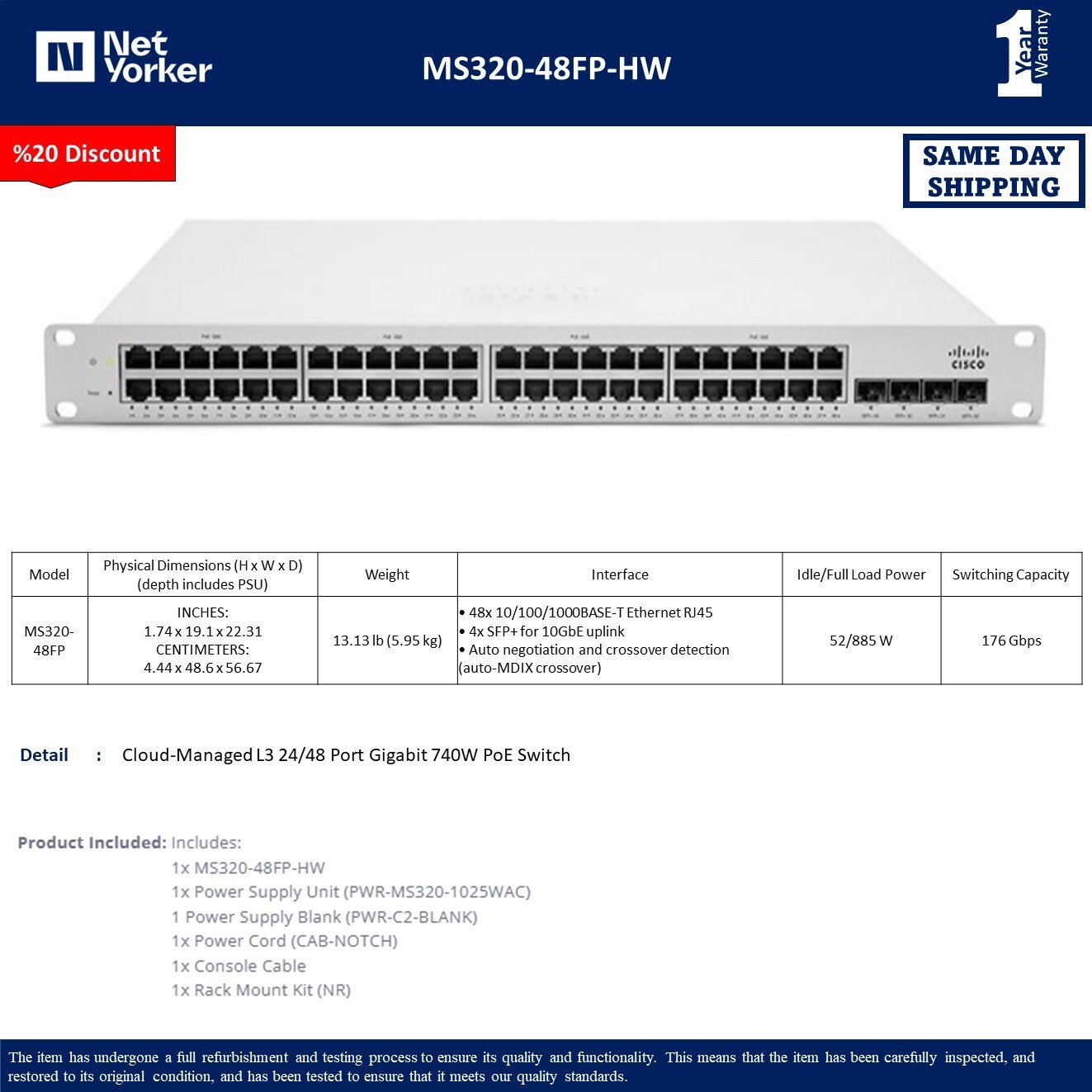 UNCLAIMED Cisco Meraki MS320-48FP-HW 48-Port Gigabit Cloud Managed-Same Day Ship