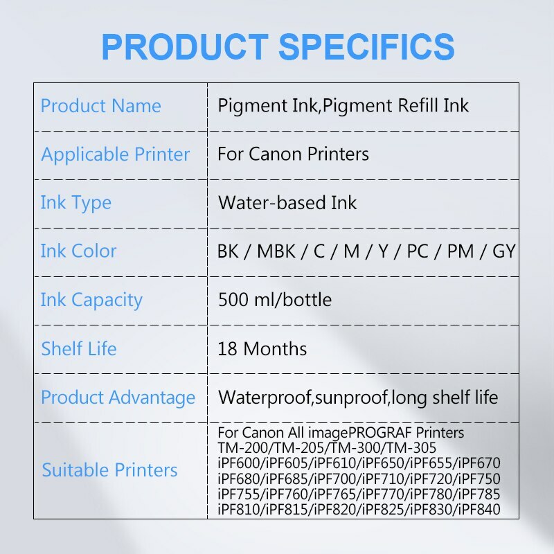 8×500ML Premium Pigment Ink for Canon ImagePROGRAF Series Printers/Cratridges