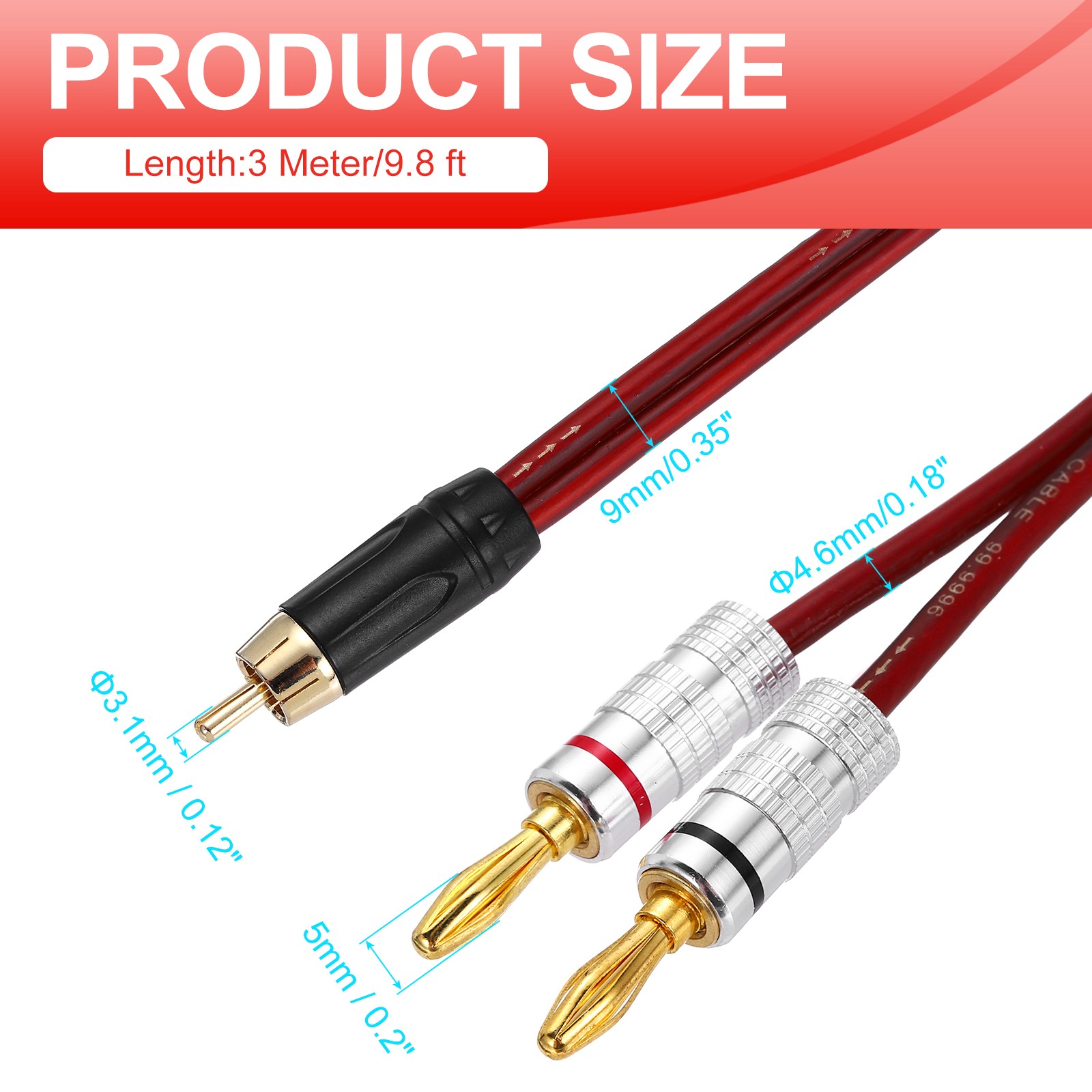 2 Pcs Gold Plated RCA Audio Cable 1 RCA to 2 4mm Banana Plug Splitter 9.8ft
