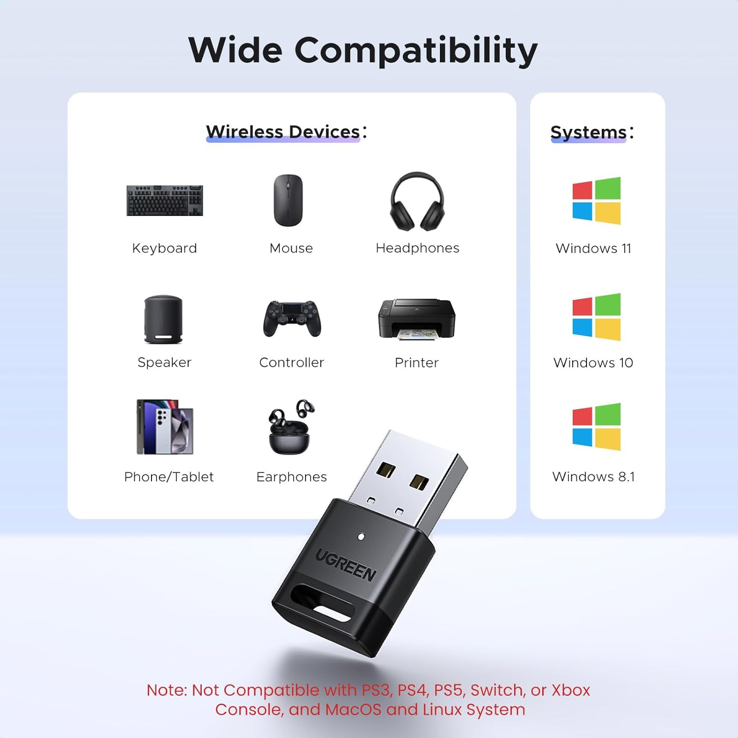 UGREEN USB Bluetooth Adapter for PC Bluetooth 5.4 Dongle Receiver EDR & BLE, Plu