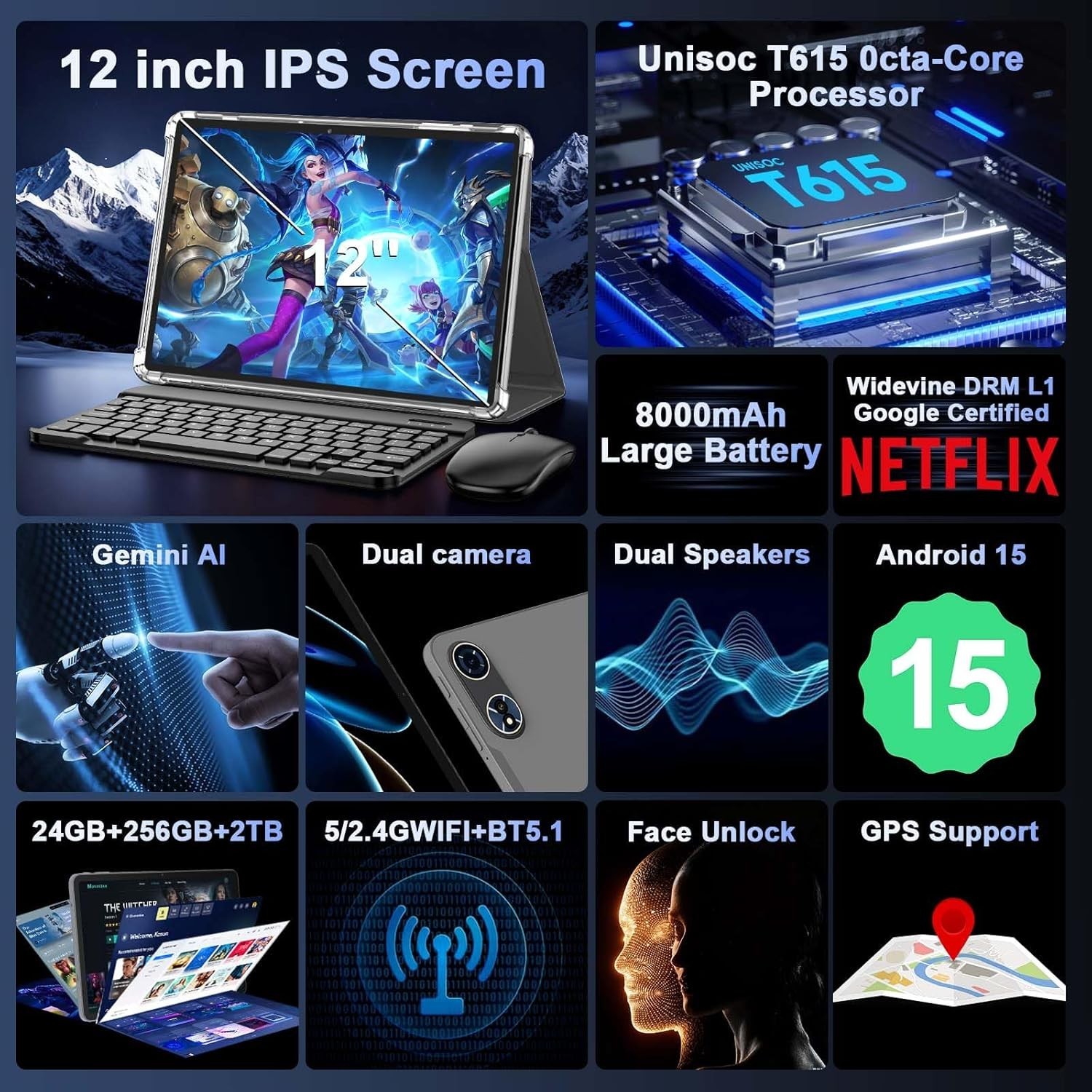 Relndoo Android 15 Tablet PC Silver 12″ LCD 24GB+256GB+2TB Expandable Octa-Core