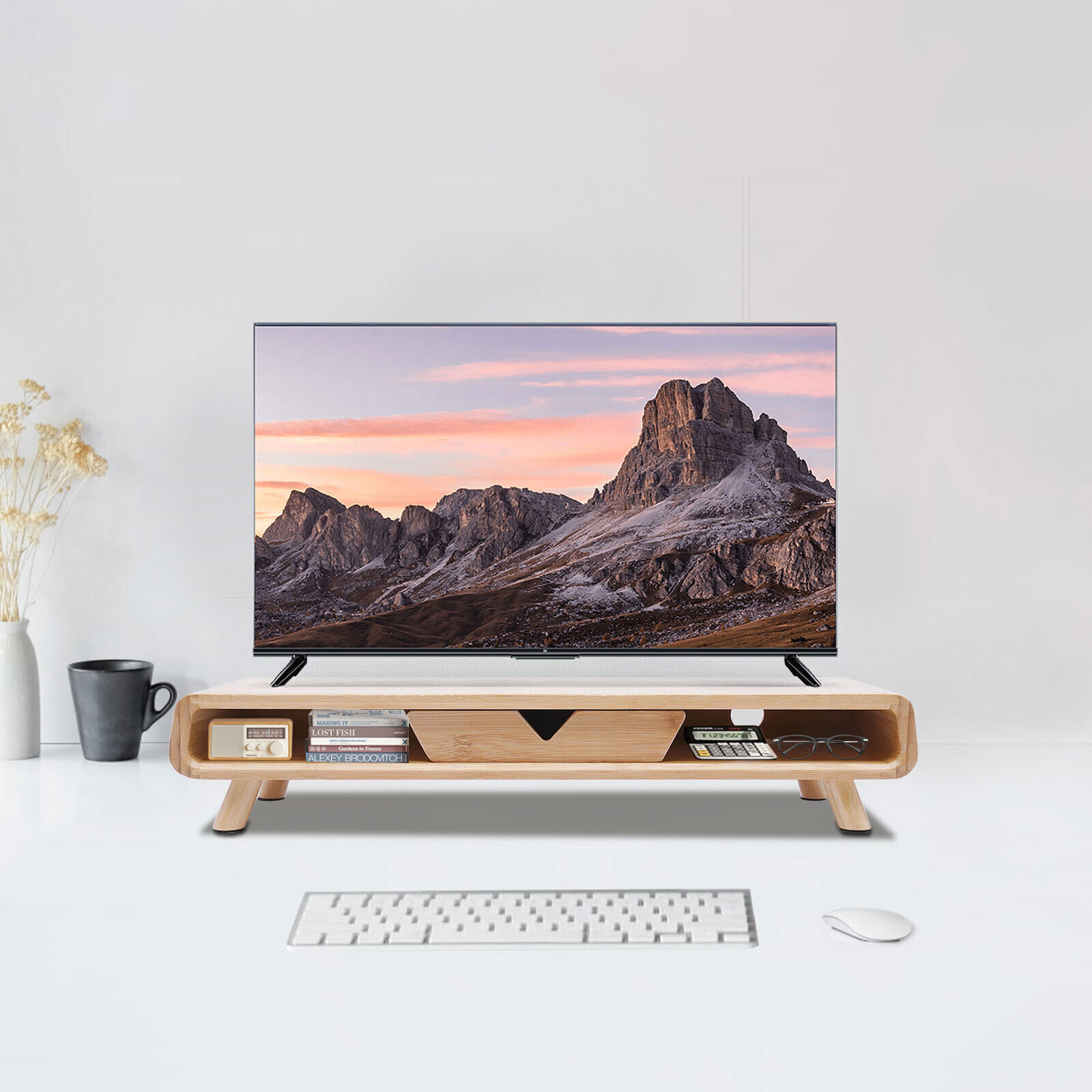 24in Bamboo Monitor Stand W/ Drawer Back Baffle Desktop Stand Riser 4.5in Height
