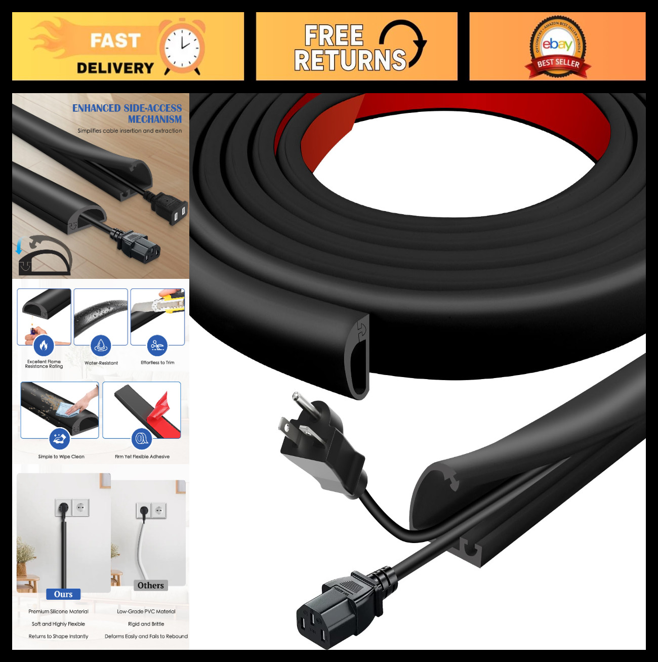 Self-Adhesive Silicone Cord Hider 118″ – Flexible Cable Concealer for Wall & TV