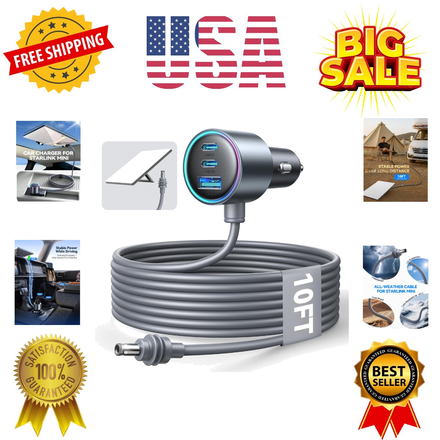 Starlink Mini Car Adapter, 10FT Starlink Mini Cable Car Charger, 12V-24V Ciga…