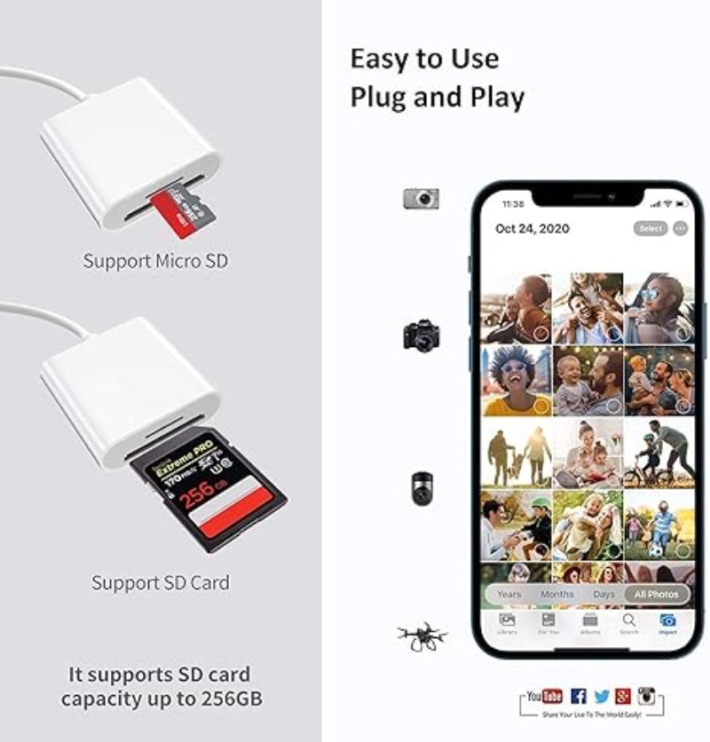 2in1 Micro SD/TF Dual Slot Memory Card Reader for iPhone iPad Camera Adapter Lot