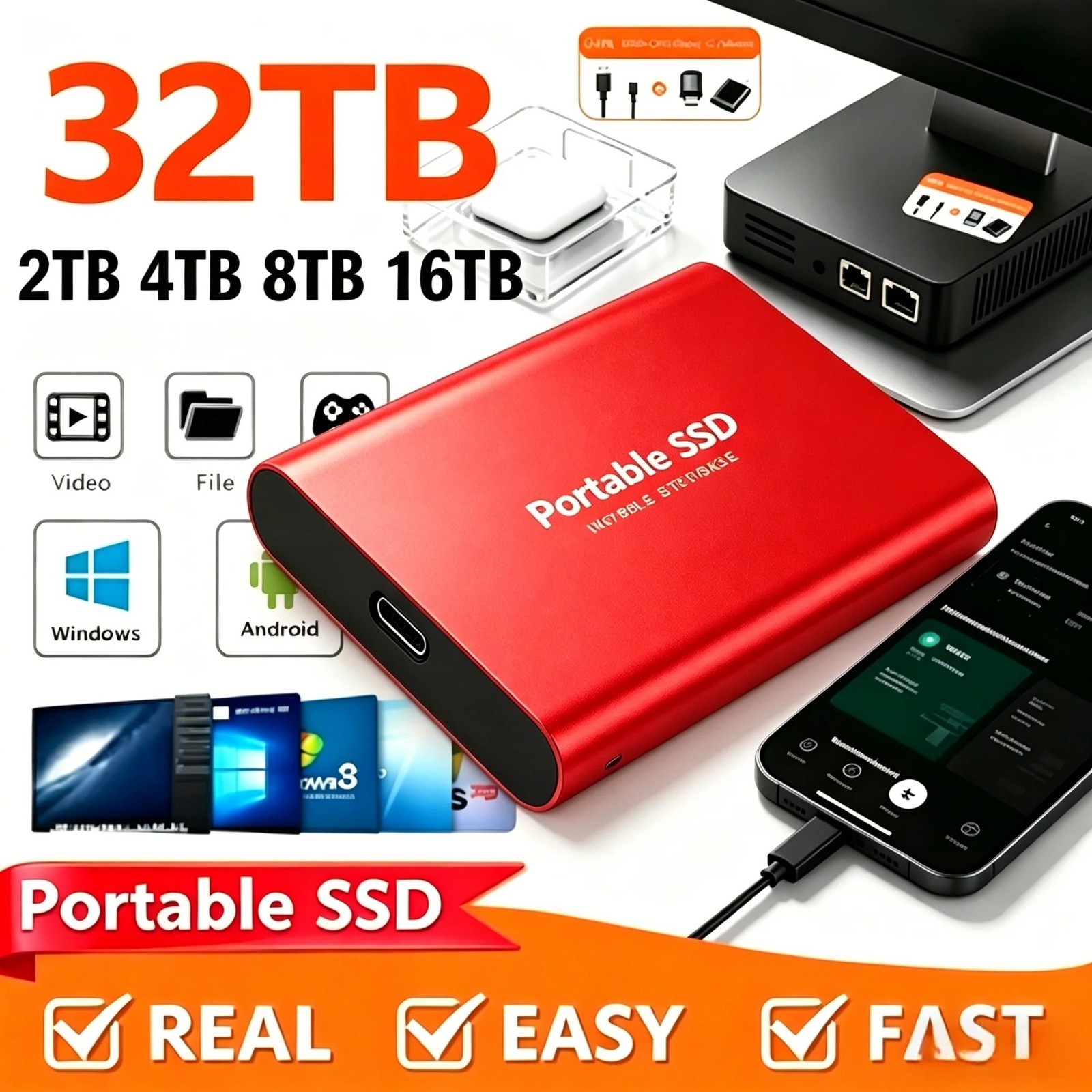 Portable External SSD USB 3.2 Type-C Solid State Drive for PC Lapto 1TB 2TB 4TB