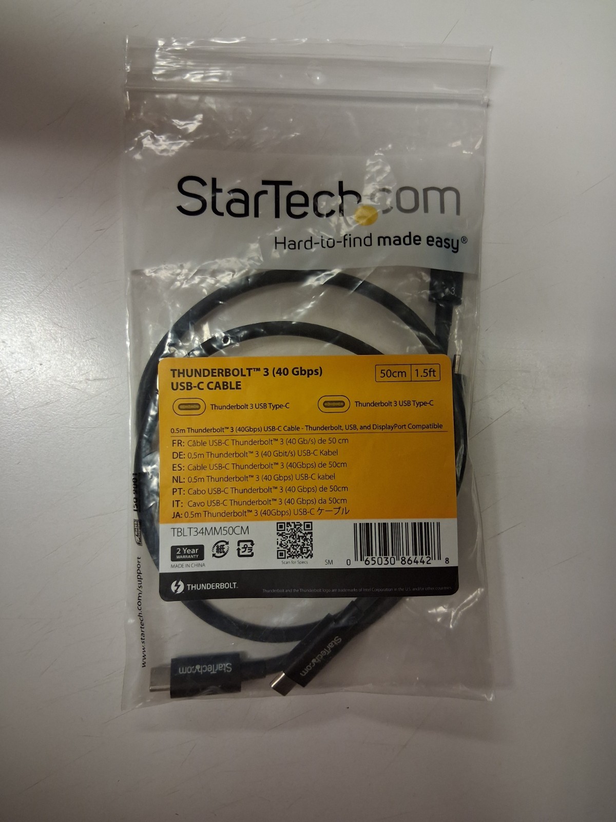 (2) StarTech Thunderbolt 3 USB Type C Cables 0.5 m (1.6 ft) Male/Male Black