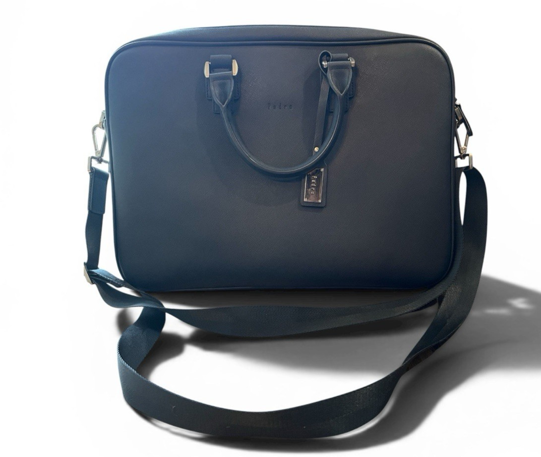 PEDRO Navy Blue Leather Briefcase Shoulder Bag Computer Padded Travel NWT