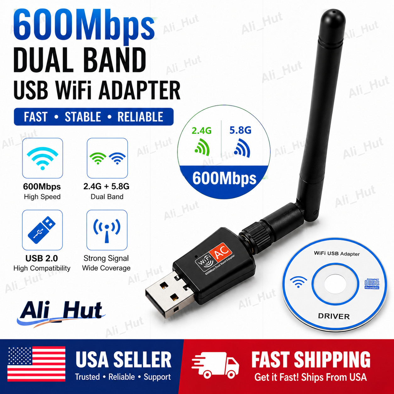 600Mbps Wireless USB Wifi Adapter Dongle Dual Band 2.4G/5GHz W/Antenna 802.11AC