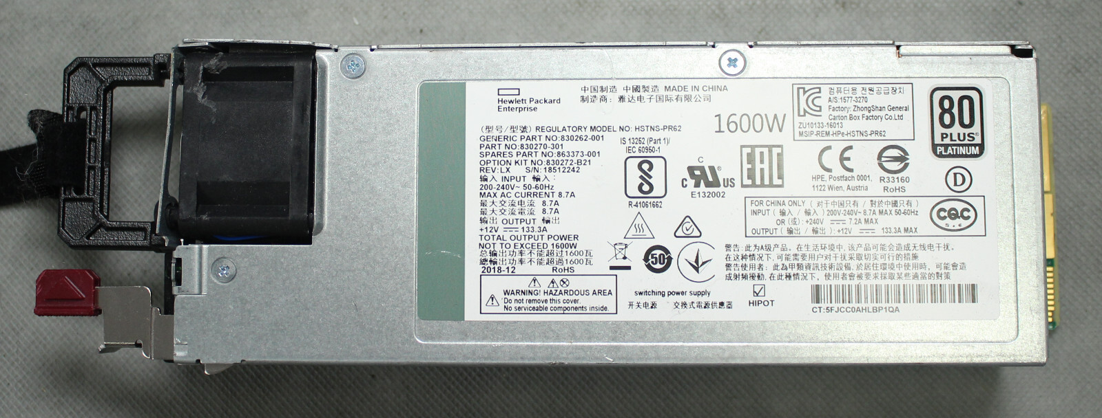 HPE 830262-001 HSTNS-PR621600W 200-240V FLEX 80 PLUS POWER SUPPLY UNIT