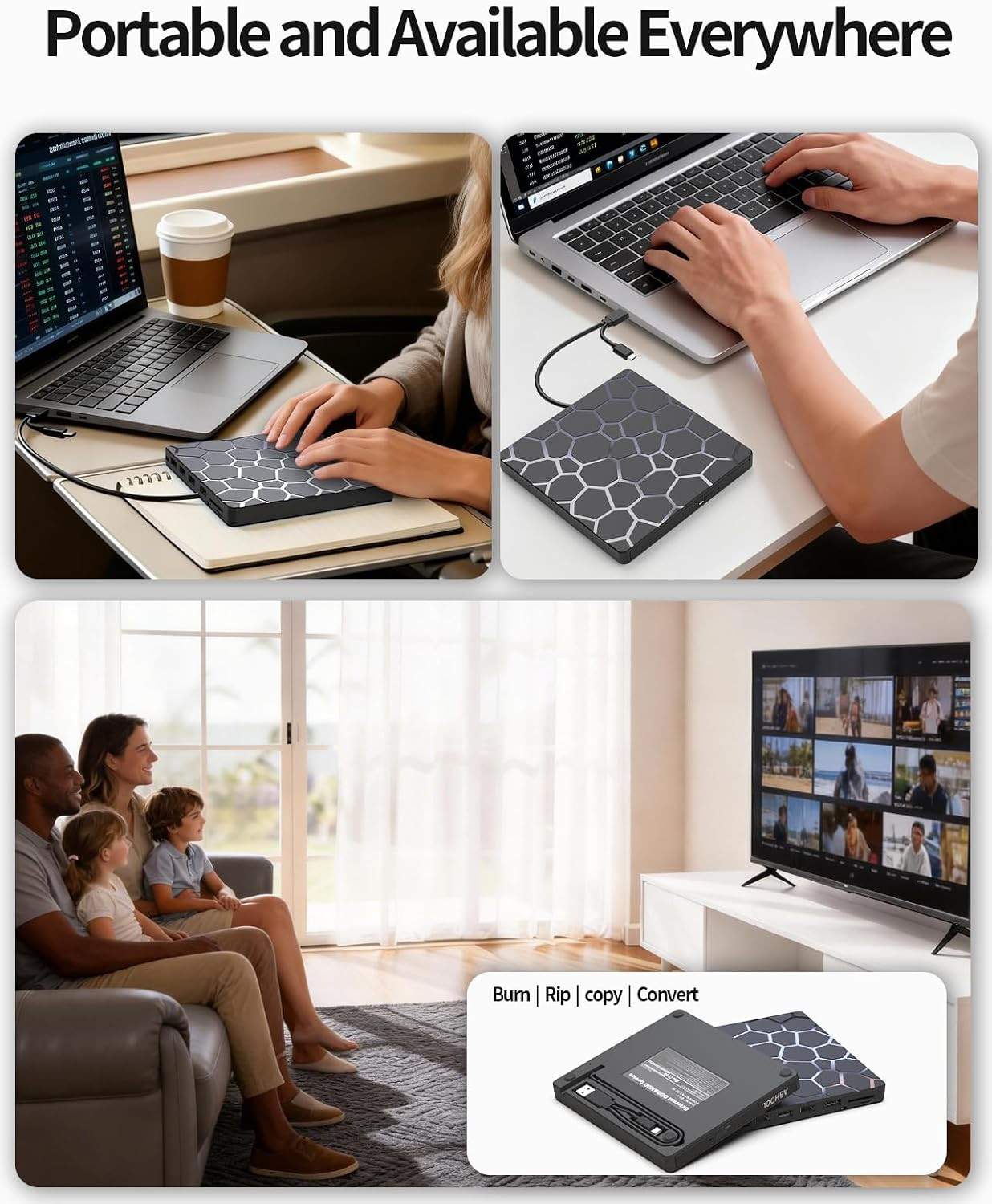 External CD DVD Drive,8 in 1 USB 3.0 and Type-C Disc Reader Writer Burner