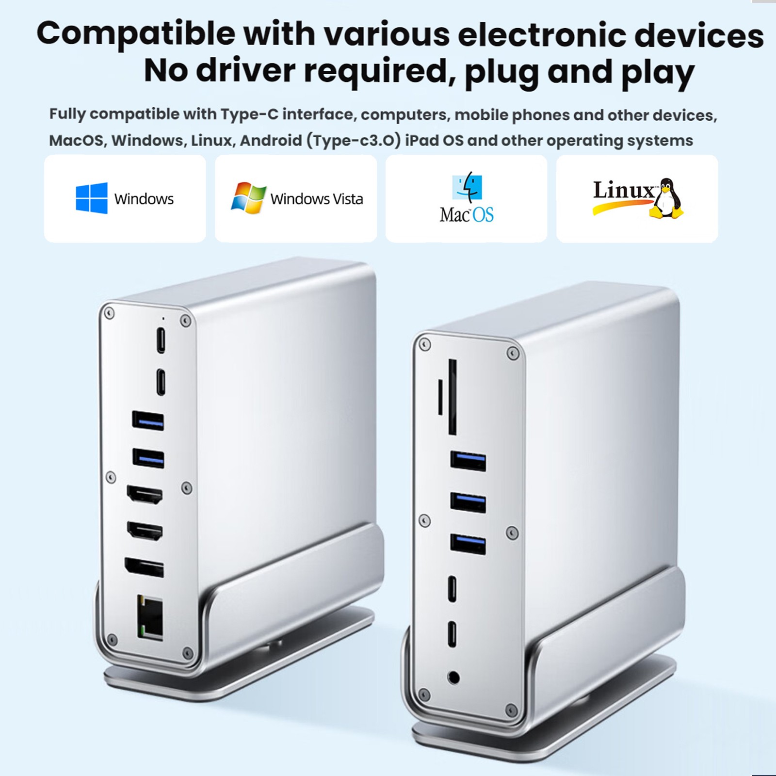 Vertical Type C 3 monitors Docking Station Dual HDMI 4K@60HZ USB 3.2 RJ45 1000M