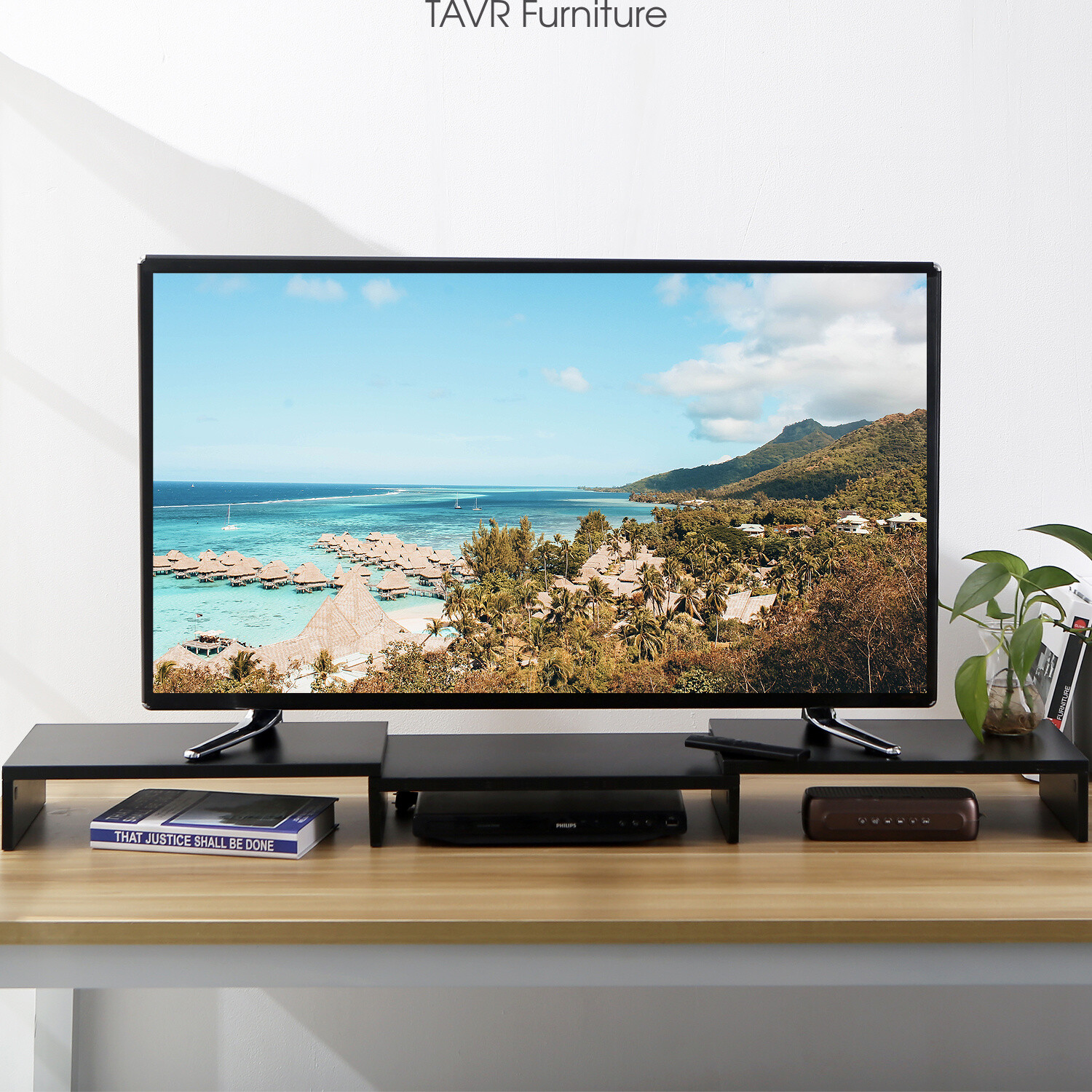Black Wooden Dual Monitor Stand Risers with Length and Angle Adjustable 3 Shelf