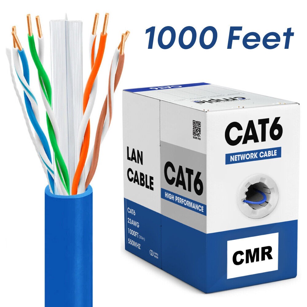 1000ft Cat6 Ethernet Cable Riser CMR Solid 23AWG UTP Easy Pull LAN Blue
