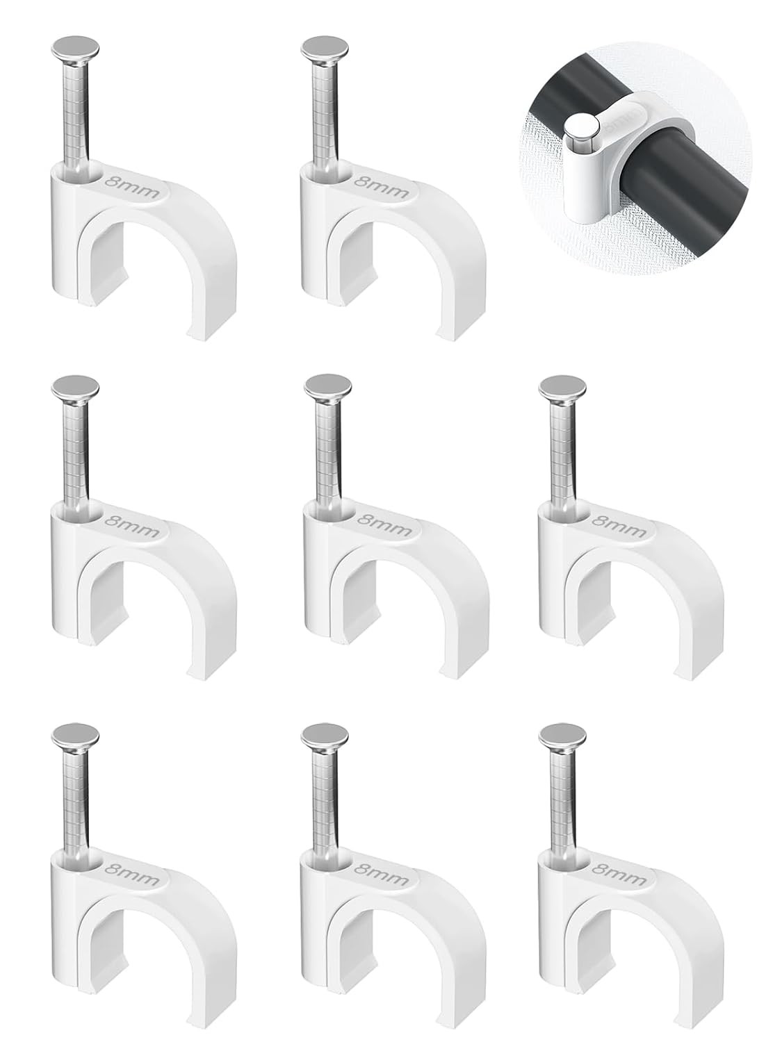 Cable Clips 100Pcs 8mm Nail in Clips for Round Ethernet Cables Wall Clips