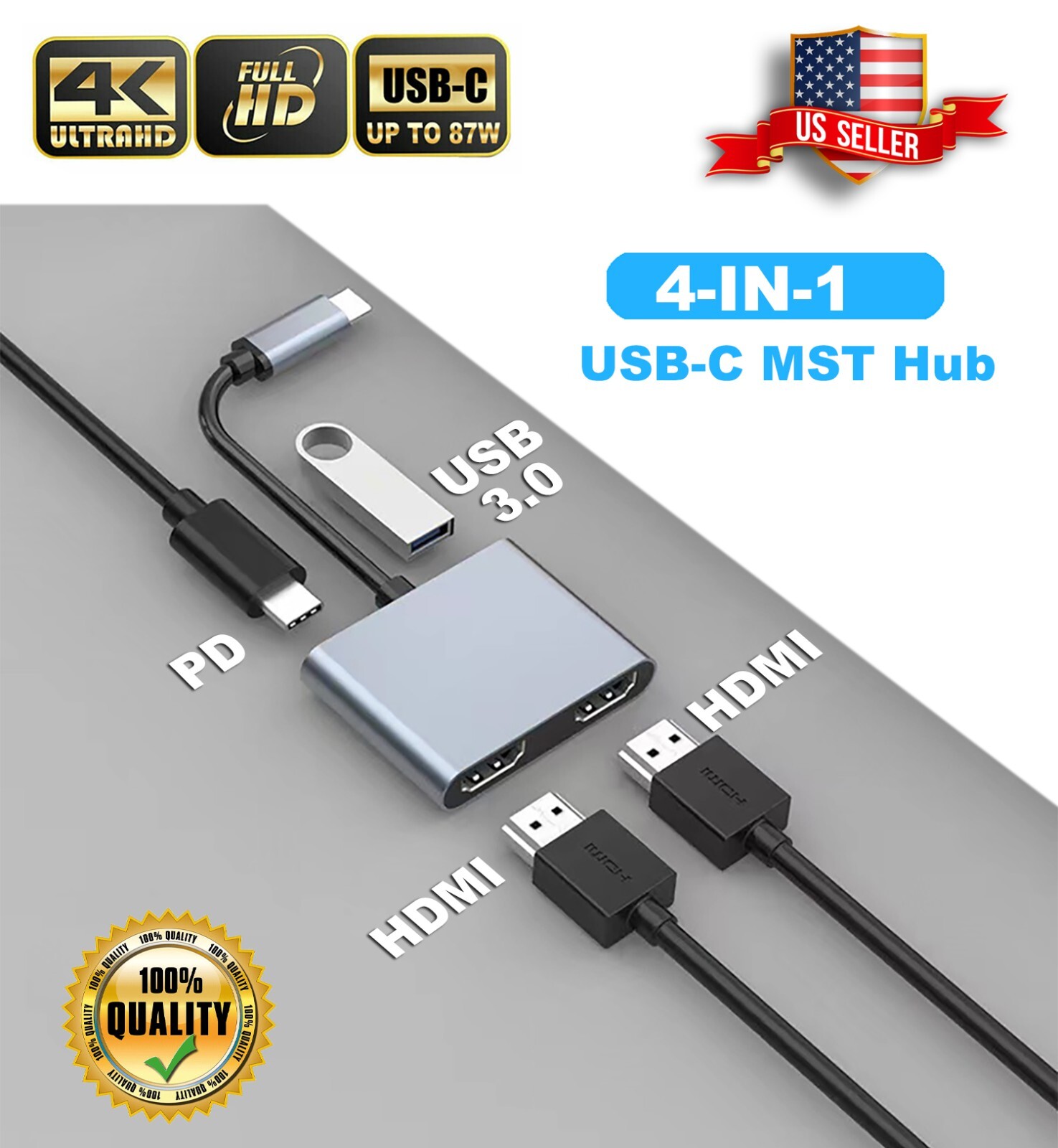 4-in-1 MST Hub With USB-C to 2*HDMI/USB 3.0/PD87W For MacBook Android LG Samsung
