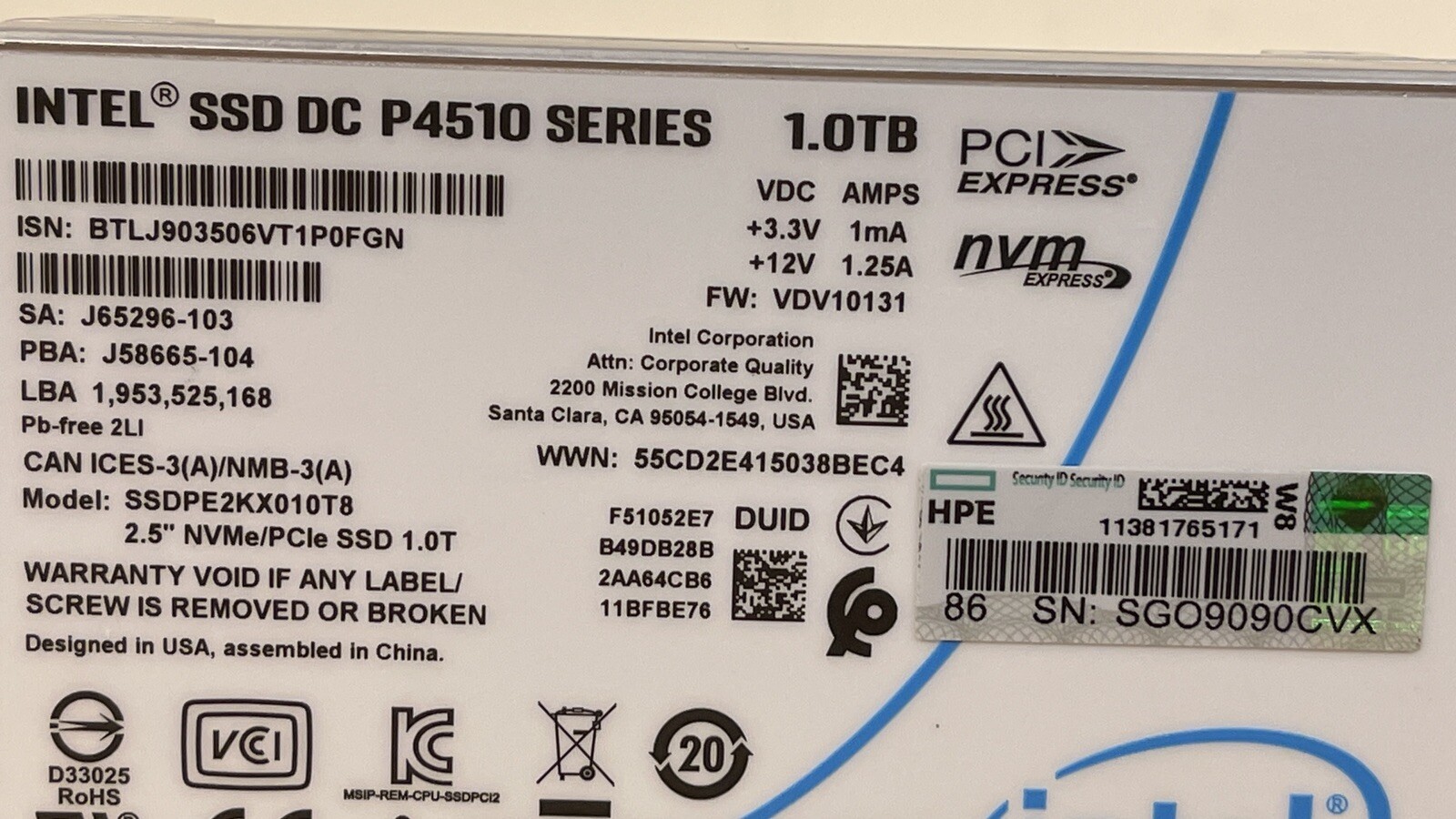 HPE Intel 1TB DC P4510 NVMe U.2 x4 RI 2.5 SSD 1 DWPD 30 to 100% Read Intensive