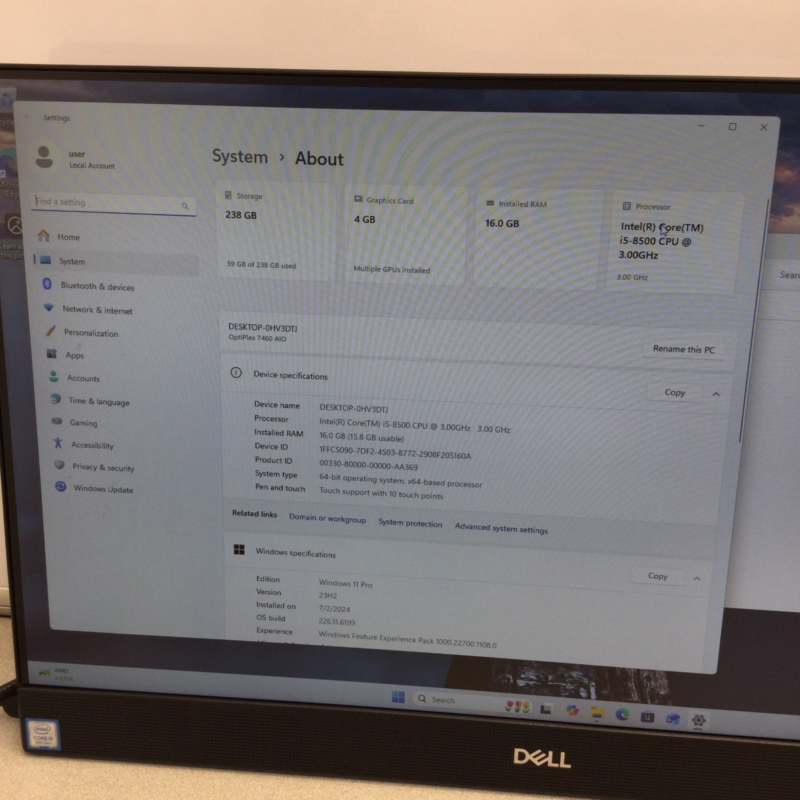Dell OptiPlex 7460 All-in-One i5-8500 3.00GHz 16GB RAM 256GB SSD /NO STAND/24”