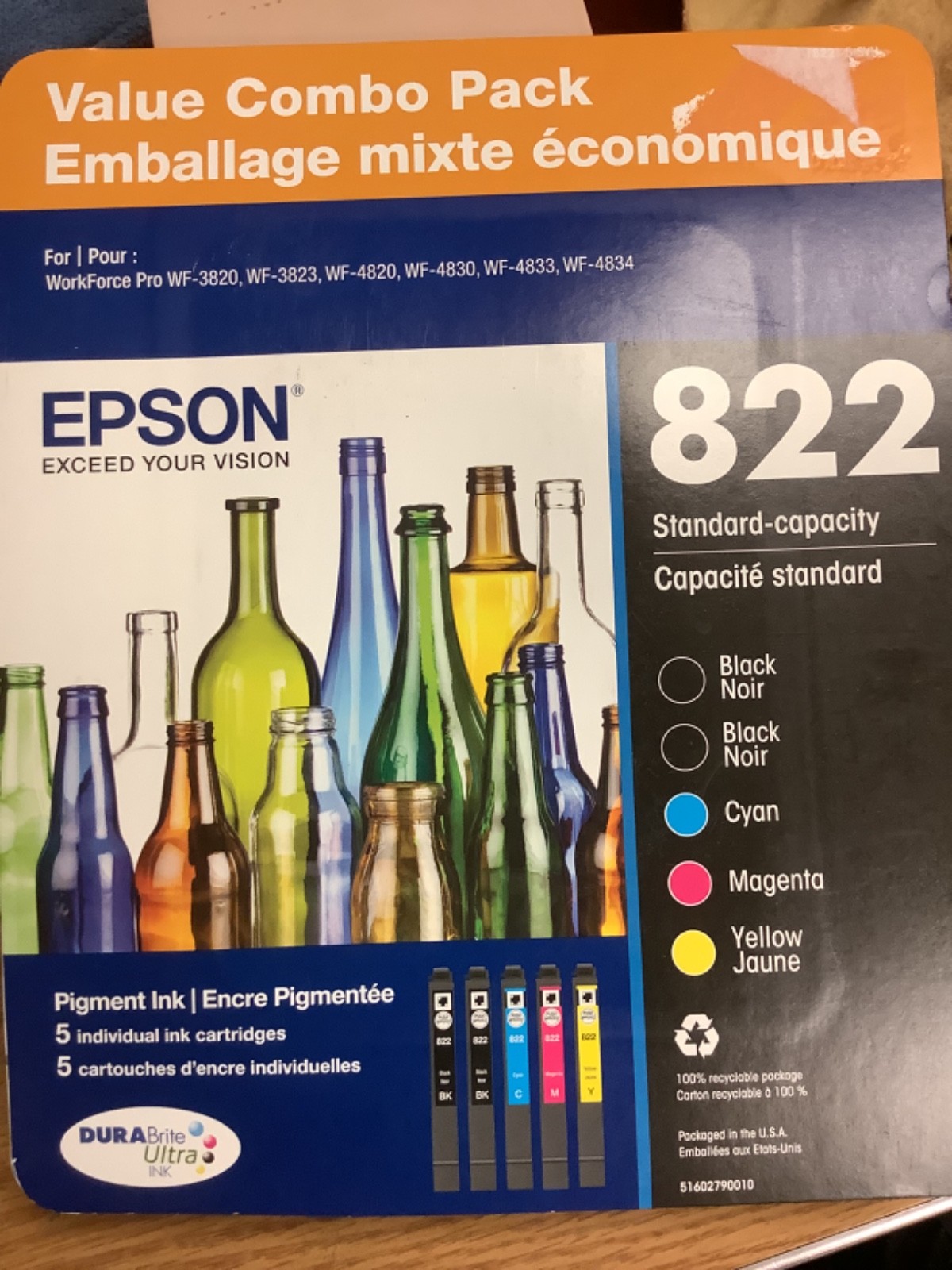 5 EPSON 822 INK CARTRIDGES 2 Black 3 color C/M/Y NEW SEALED 2026+