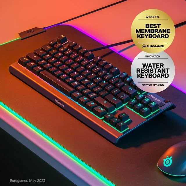 SteelSeries Apex 3 TKL RGB Gaming Keyboard, Water & Dust Resistant, USB-A