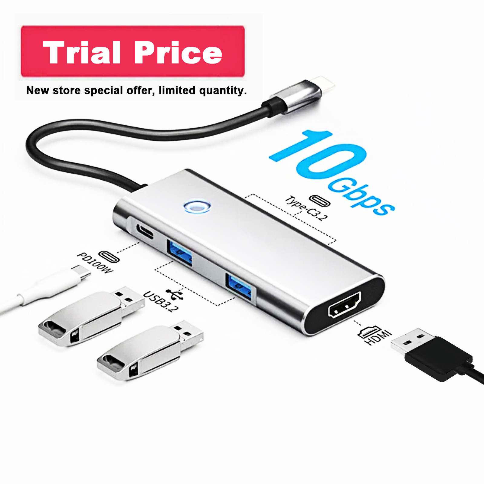Usb C Hub HDMI 4K USB 3.2 10 Gbbps,Docking Station 100W PD For Laptop Macbook