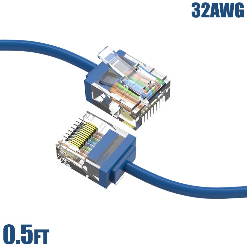 0.5FT Cat6A RJ45 Network LAN Ethernet UTP Patch Cable Super Slim Cord 32AWG Blue