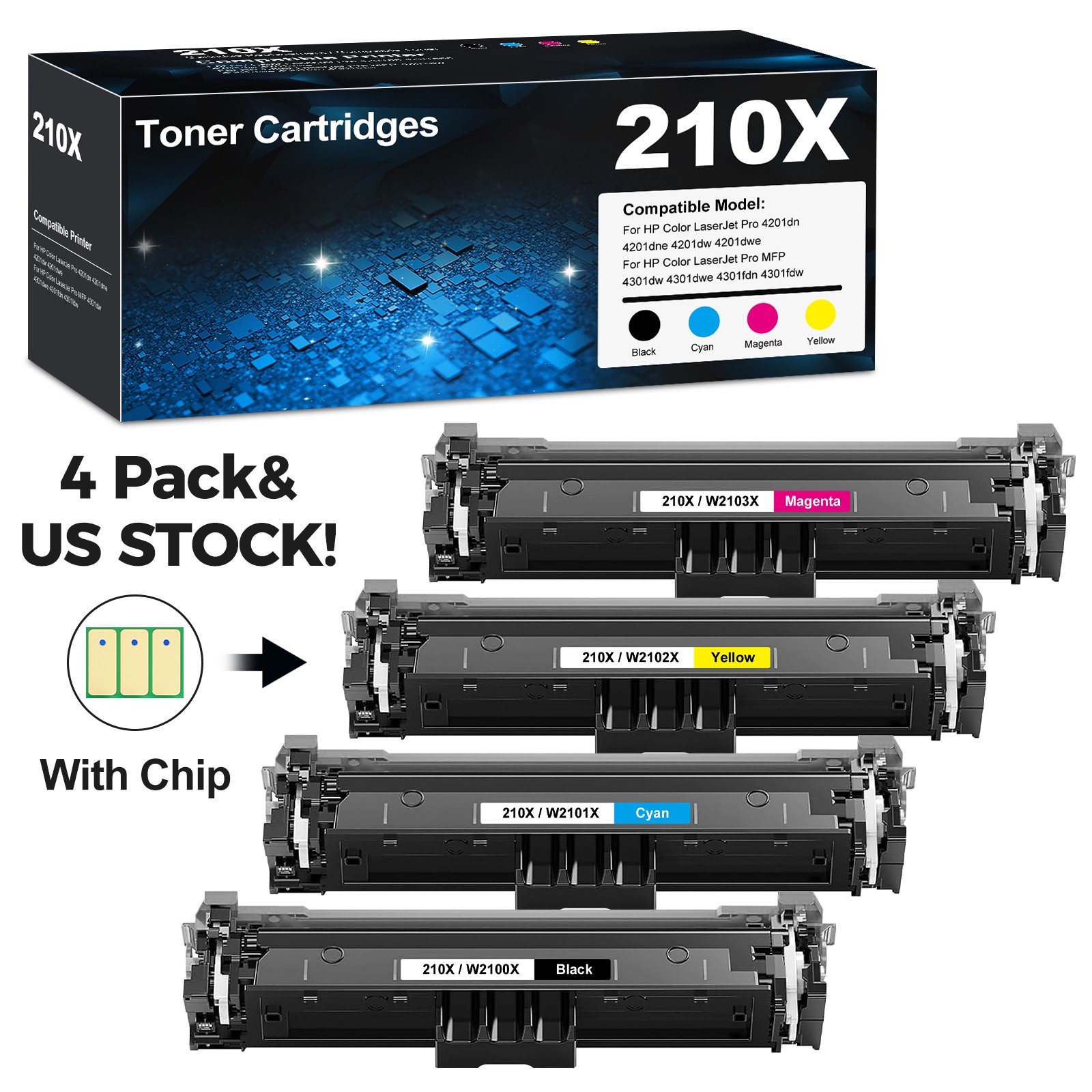 4PK 210X Toner For HP 210X 210A W2100X for LaserJet Pro 4201dn MFP 4301fdw fdn