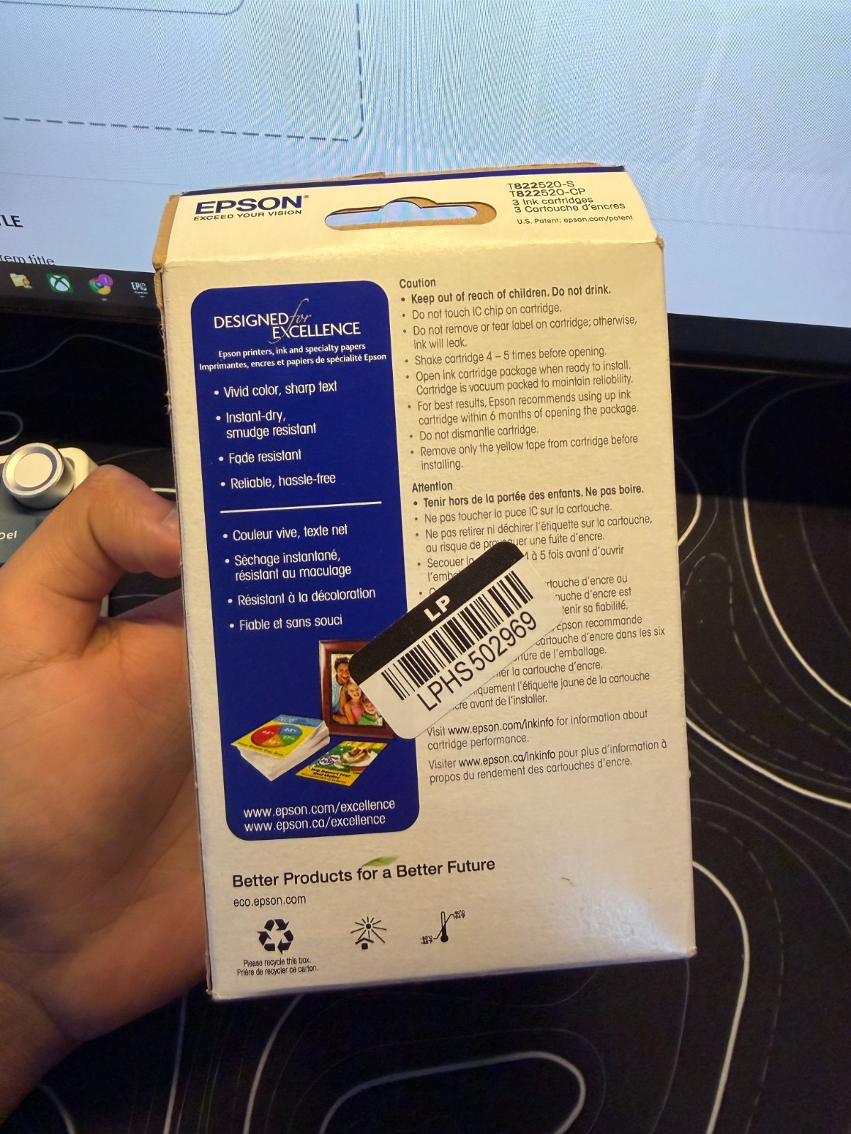 New Epson Genuine 822 Standard Capacity, Cyan, Magenta, Yellow – exp: 11/2027