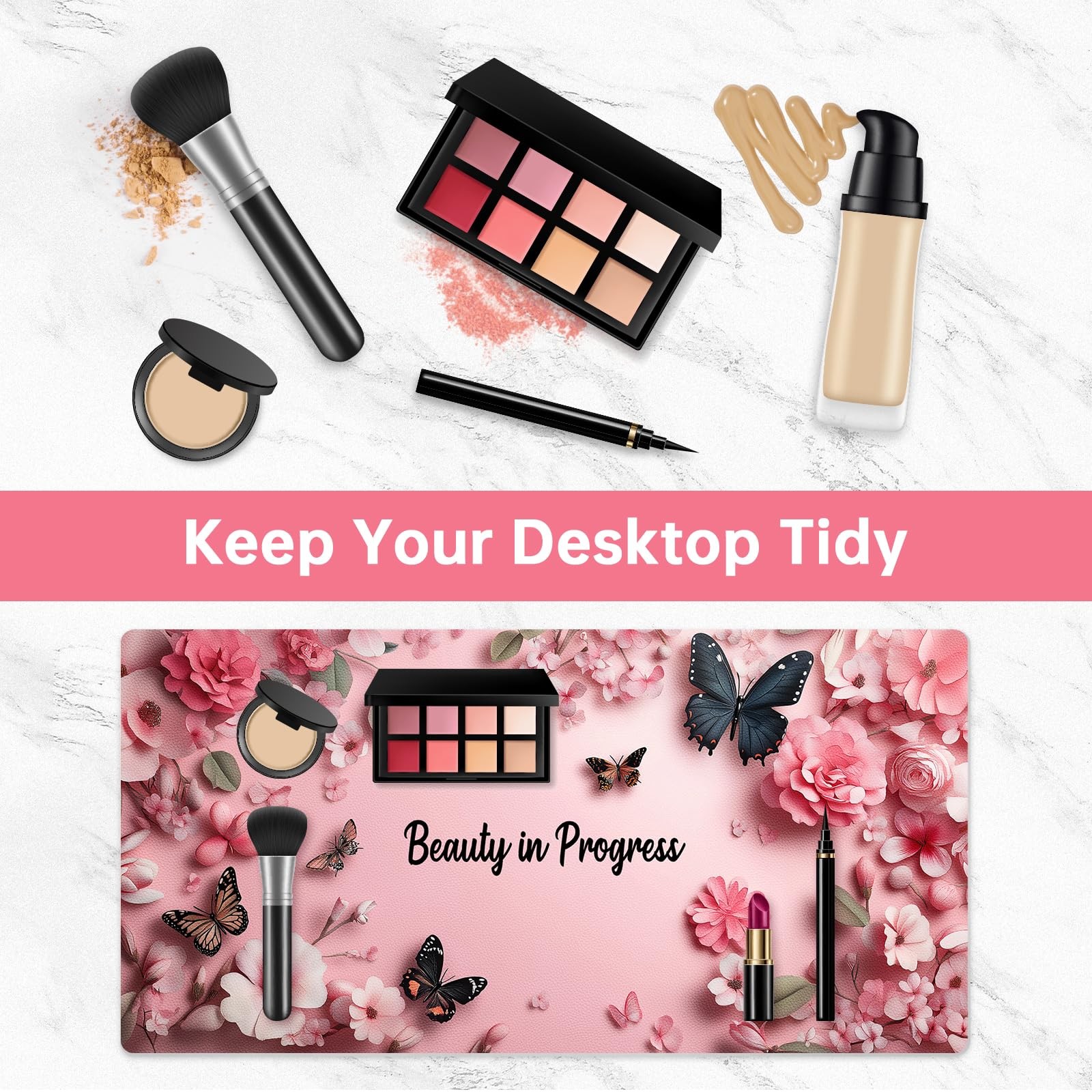 Dual-Sided Waterproof Synthetic Leather Makeup Mat for Desk, Makeup Butterfly