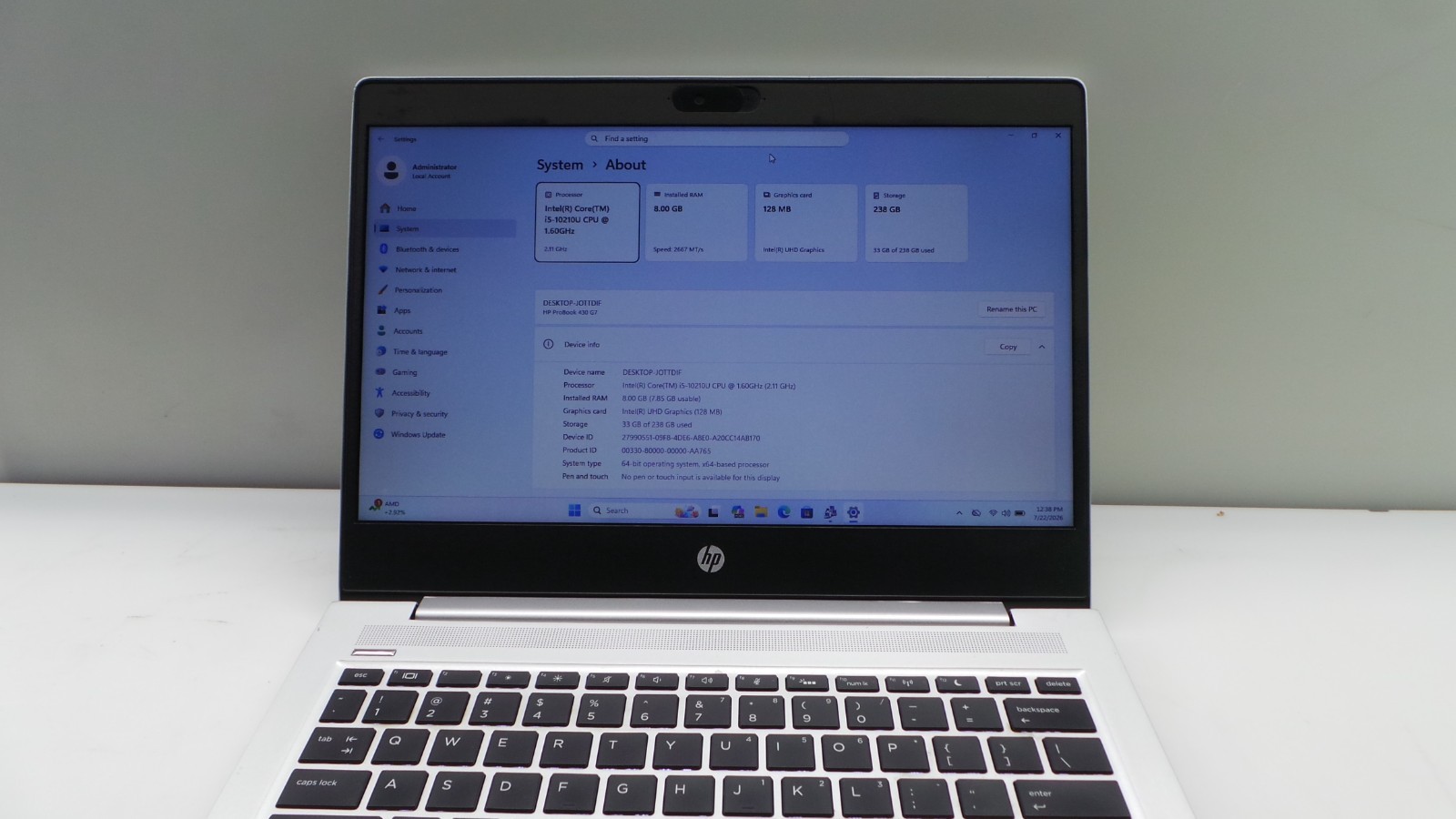 HP ProBook 430 G7 | 14″ | i5-10210U 1.60GHz | 8GB RAM 256GB NVMe | WIN 11 PRO