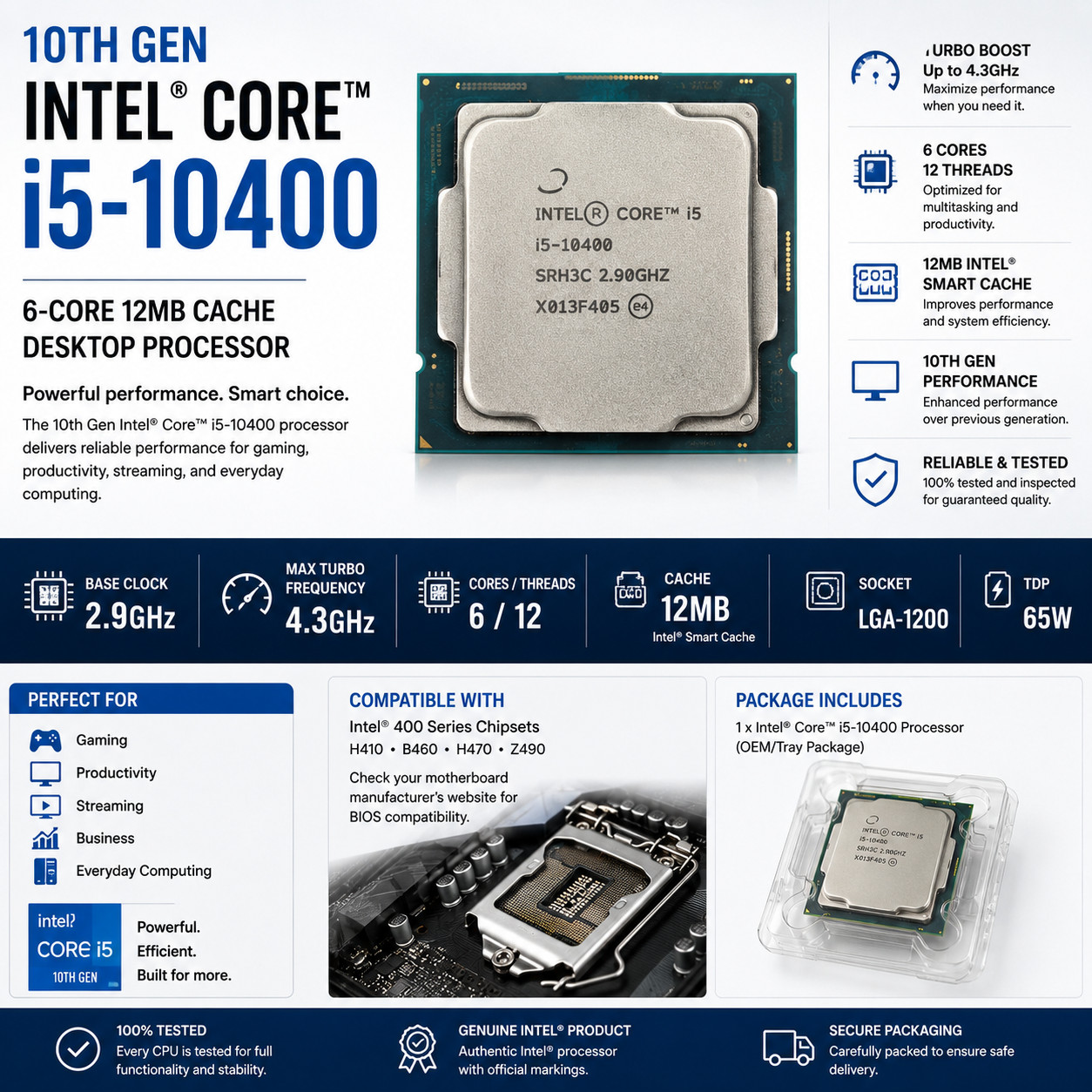 NEW Intel Core i5 10400 6-Core 4.3GHz LGA1200 CPU Processor SRH3C i5-10400