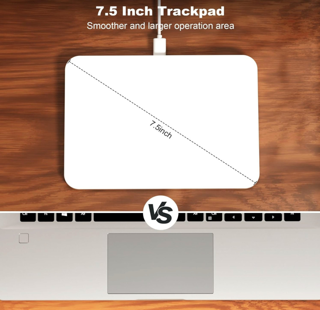 Wireless Trackpad for Mac & Windows with 2.4G USB, 7.5” Glass Surface Touchpad