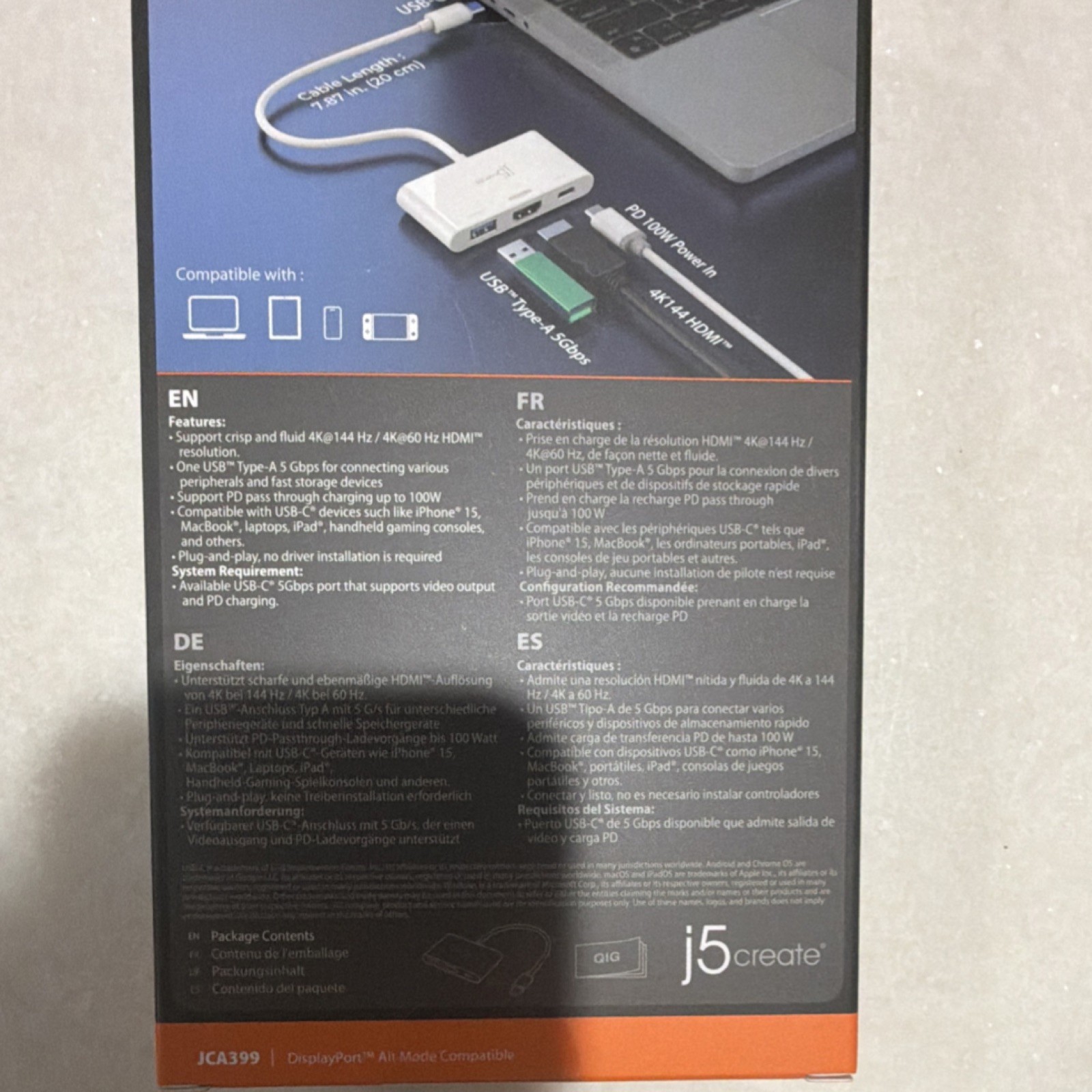 j5create USB-C to HDMI Adapter 3-in-1 4K 144Hz USB 3.2 PD 100W White JCA399