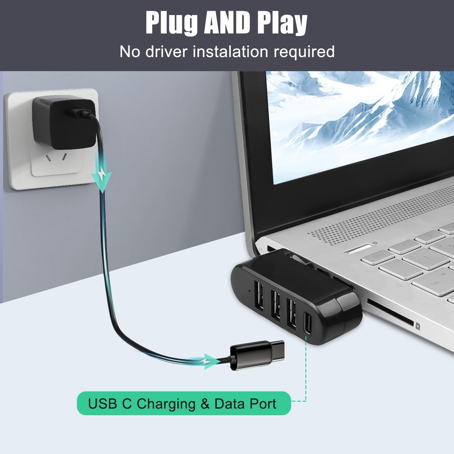 4-Port USB 3.0 Hub – Rotatable Design & 5W USB C Power Adapter for Versatility