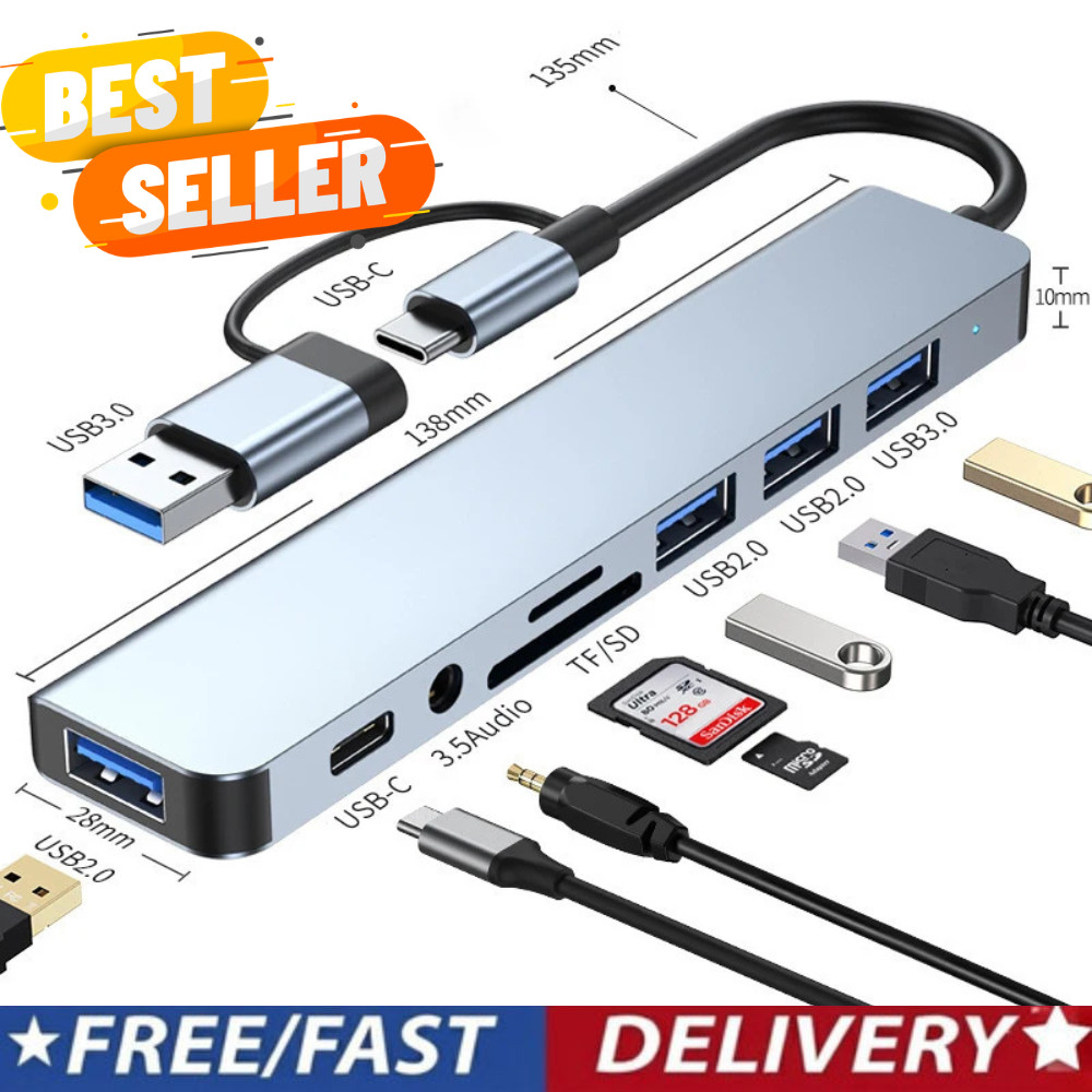 7/8 Port USB-C Hub Adapter 5G Speed Multi Splitter for PC, Laptop & MacBook US..