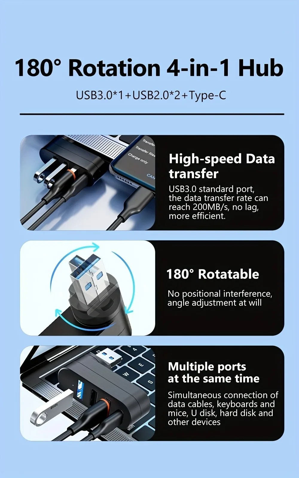 USB 3.0 Hub 3/4 port high speed Data Splitter Rotatable Adapter Pc Laptop MacBok