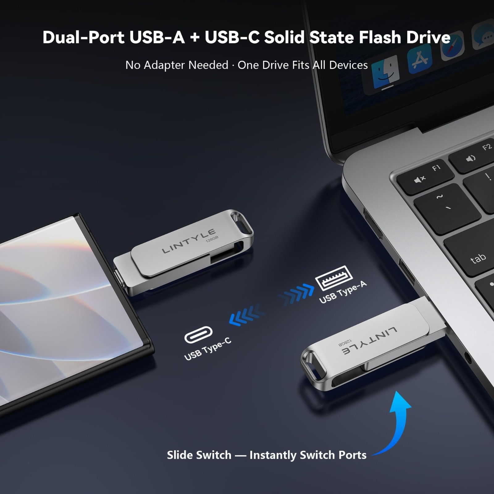 128GB External SSD Flash Drive, 450MB/s USB 3.2, Type-C & USB A, Metal Design, f