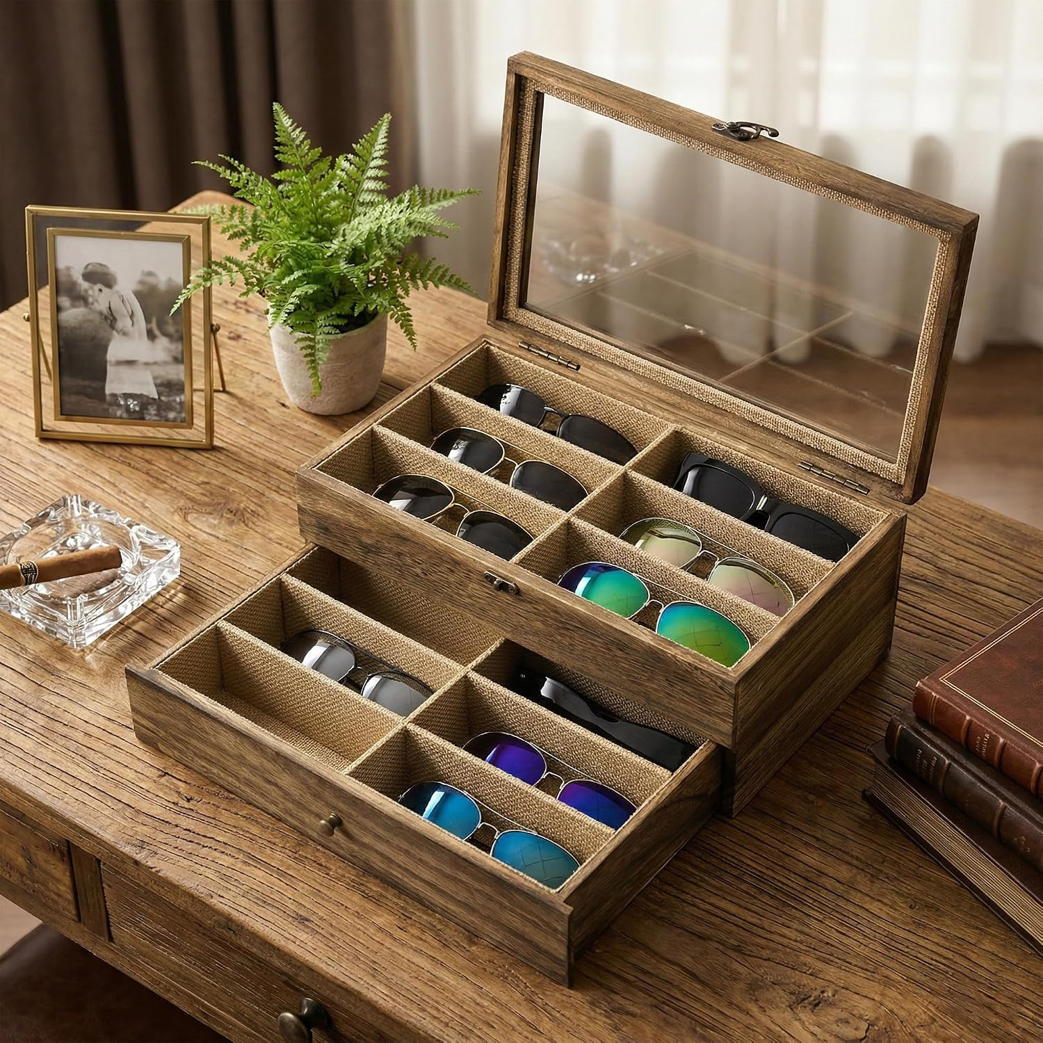 Sunglasses Case Organizer for Women Men, 12 Slot Wood Eyeglass Eyewear Display B