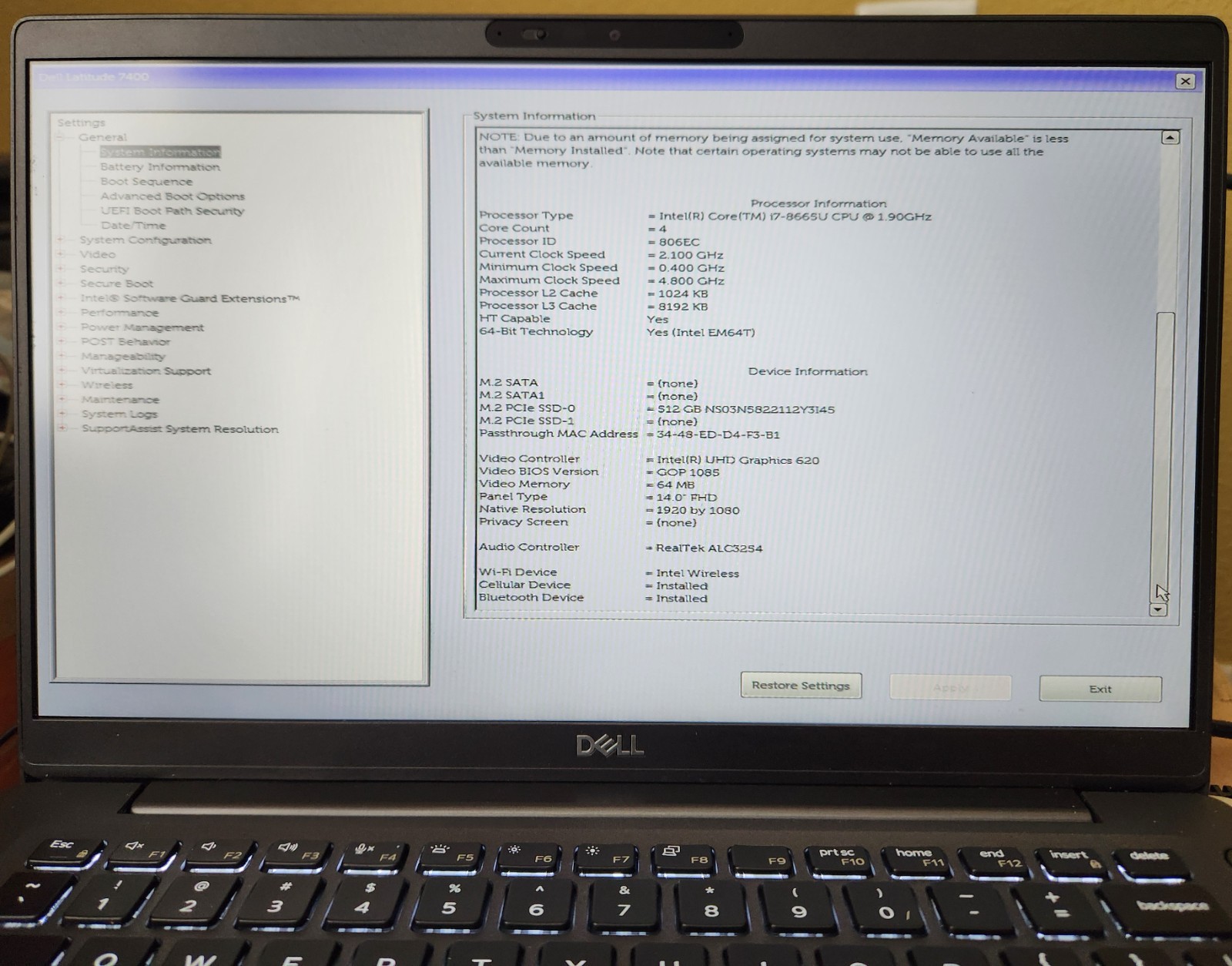 Dell Latitude 7400 14″ Intel i7-8665U 1.9GHz 16GB RAM/512GB SSD/Windows 11