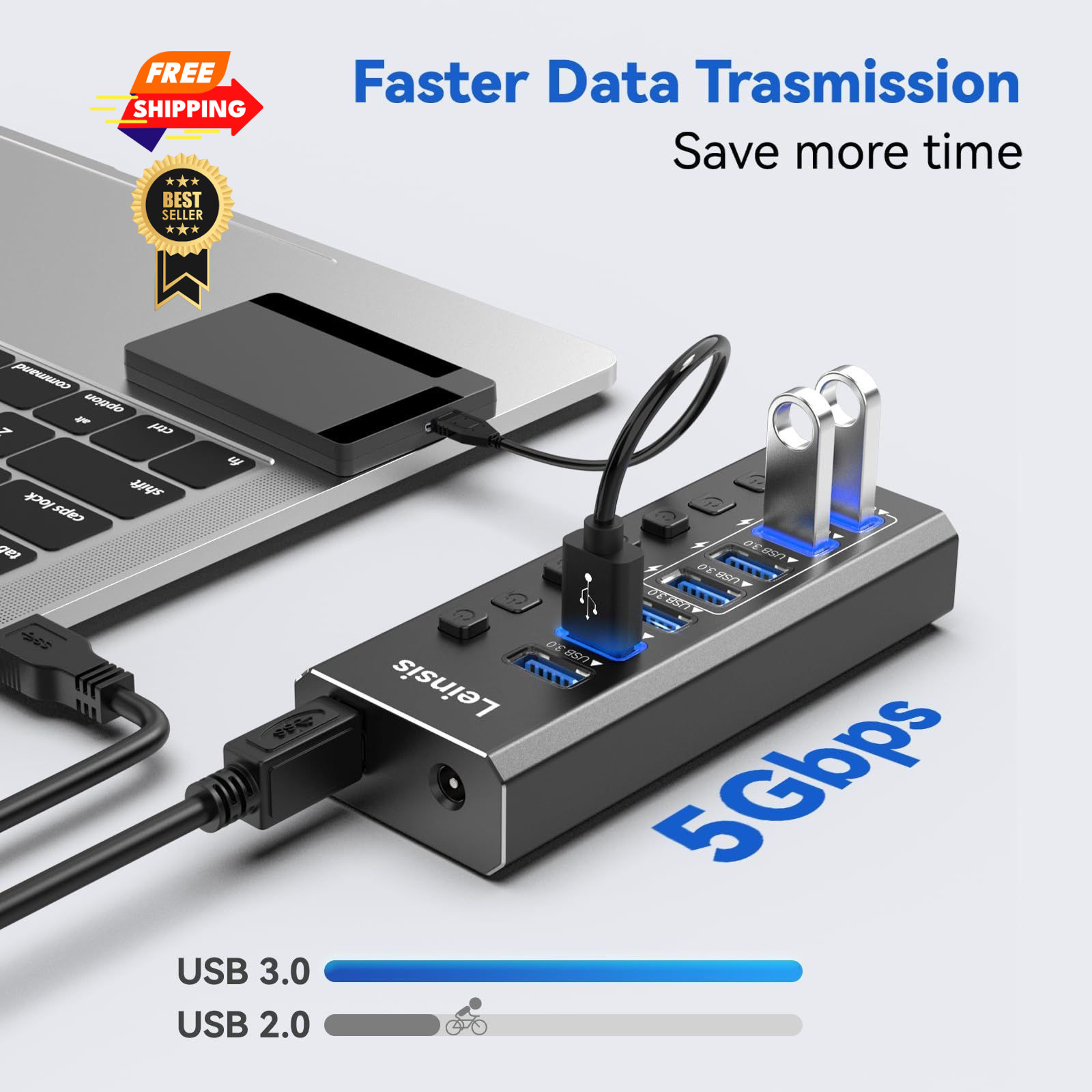 Powered USB Hub 3.0, Leinsis 7-Port 3.0 3.01, Metallic Black