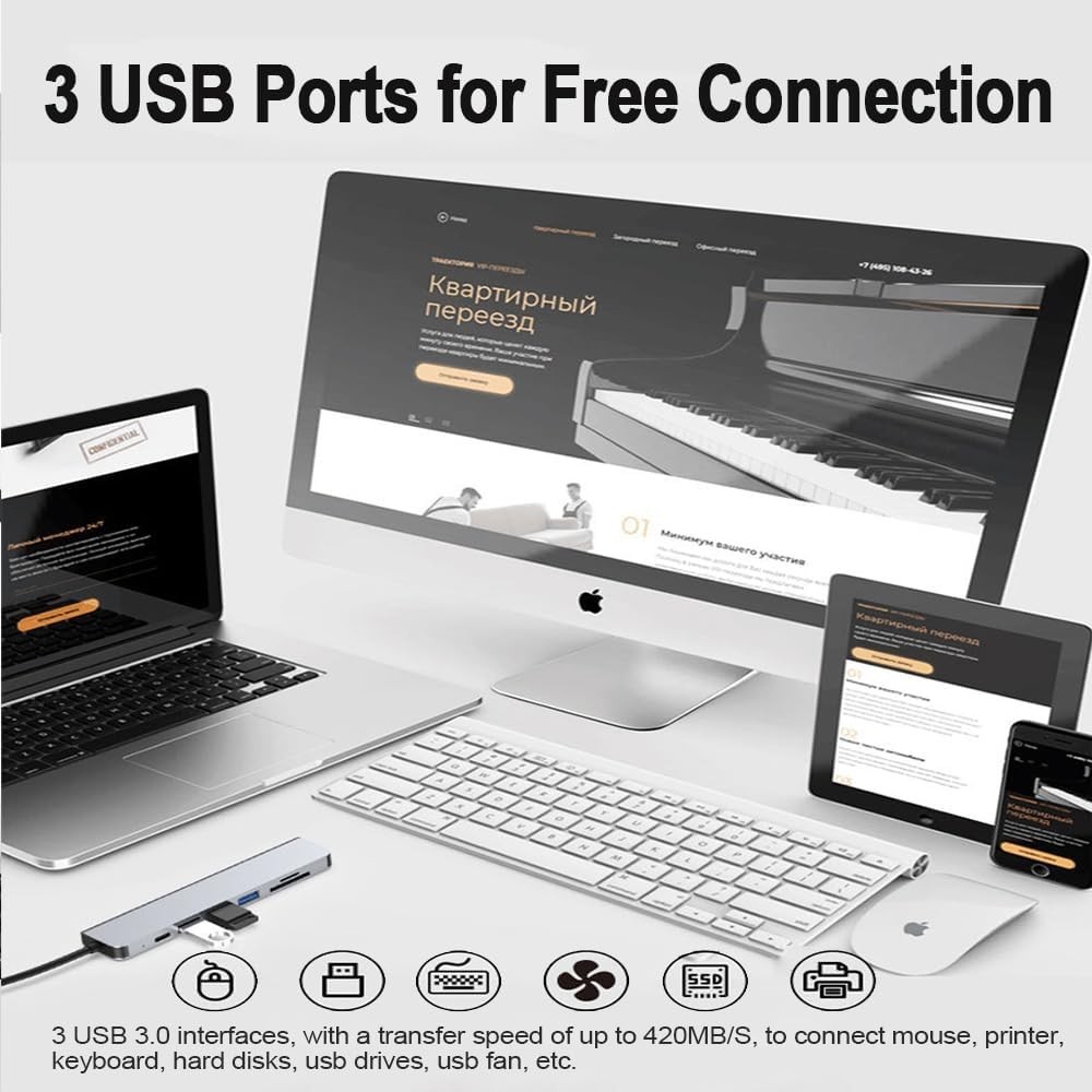 7-in-1 USB-C Hub Multiport Adapter for MacBook Pro/Air iPad Laptop