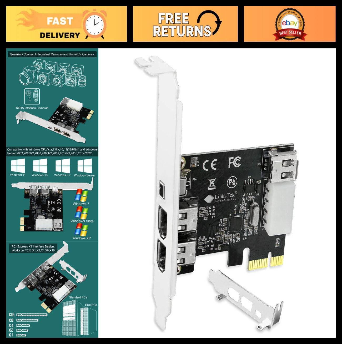 4-Port FireWire 400 Expansion Card PCIe, 1394A for Windows Desktop, Cables Inclu
