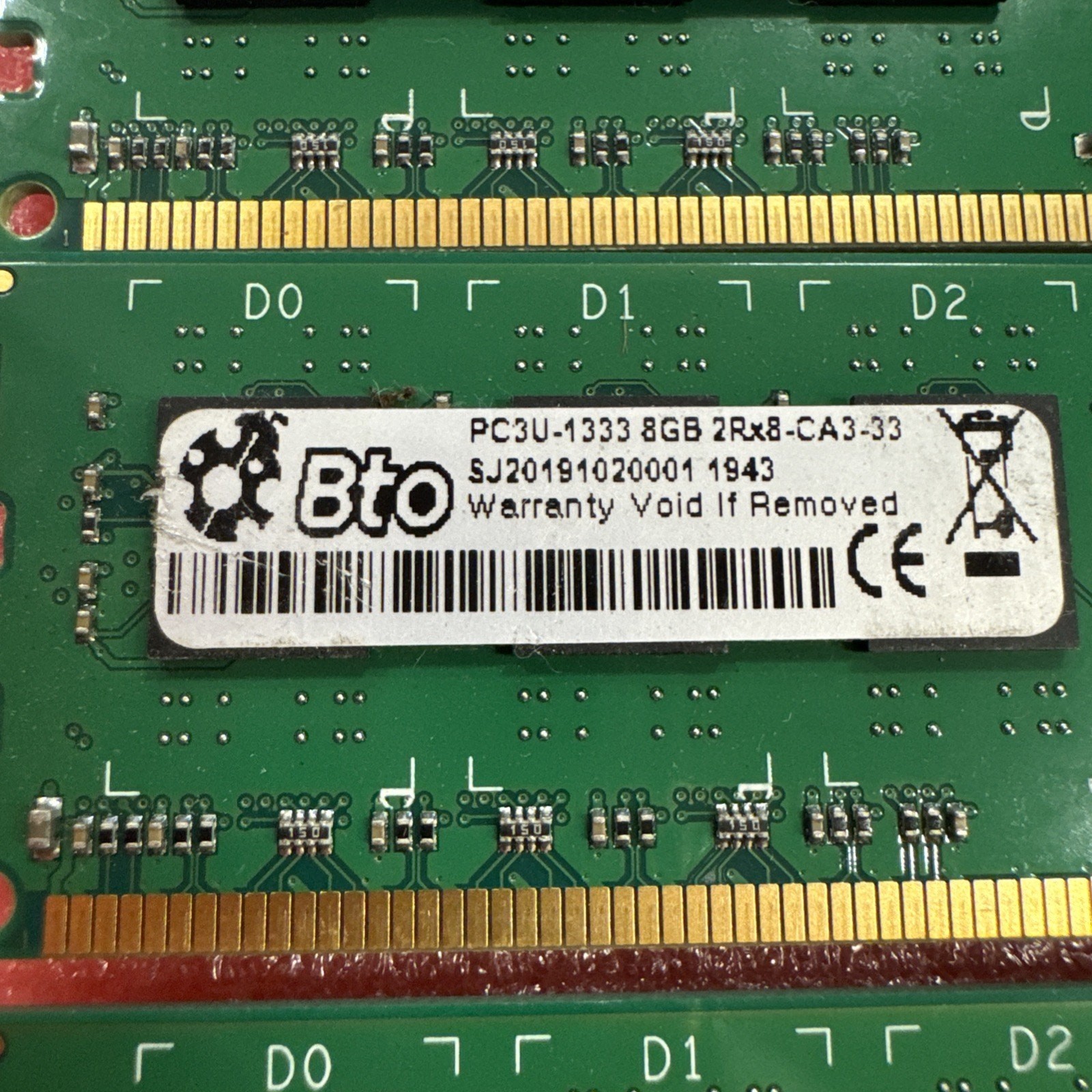 3pcs 8GB RAM BTO PC3U-1333 8GB 2Rx8 CA3-33 RAM SJ20191020001 bin8