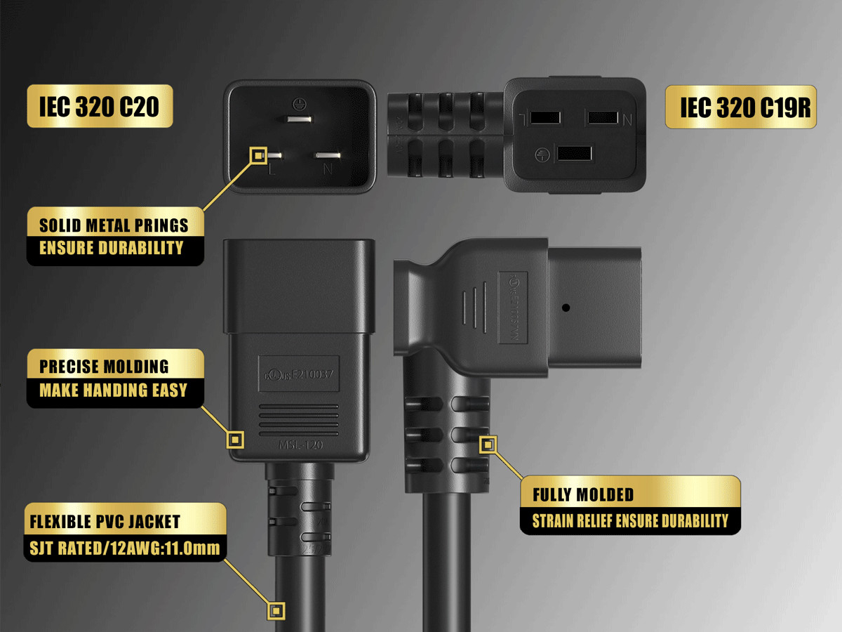 3ft C20 to Right Angle C19 Power Cord 12AWG 20A/250V SJT UL, Black