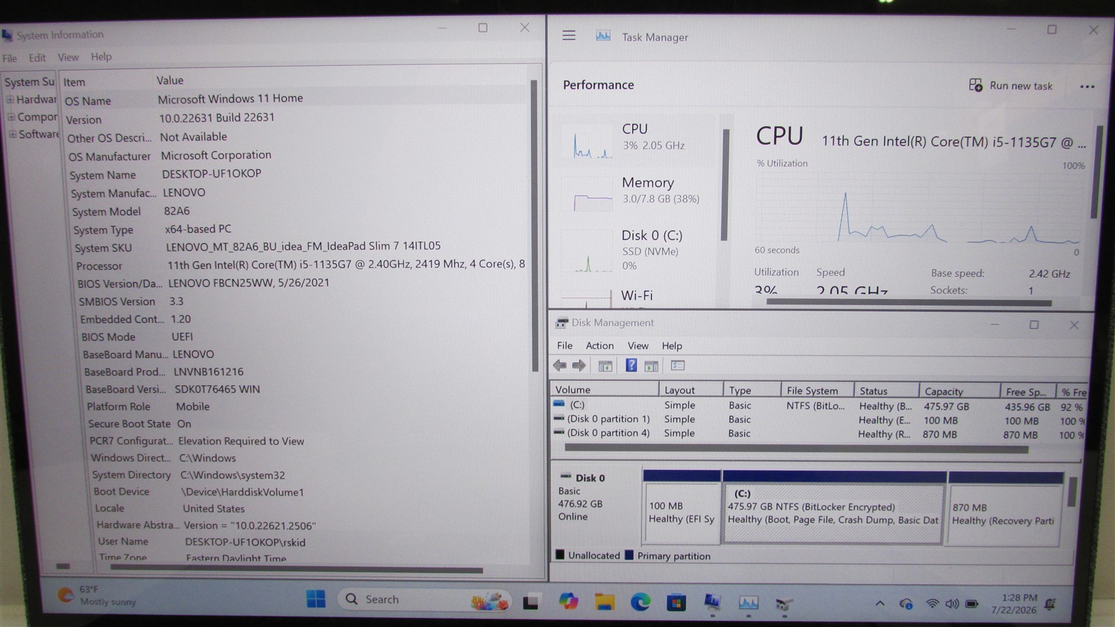 Lenovo Ideapad Slim 7 i5-1135G7 2.4GHz 8GB RAM 512GB NVME 14″ Win 11 Home Touch